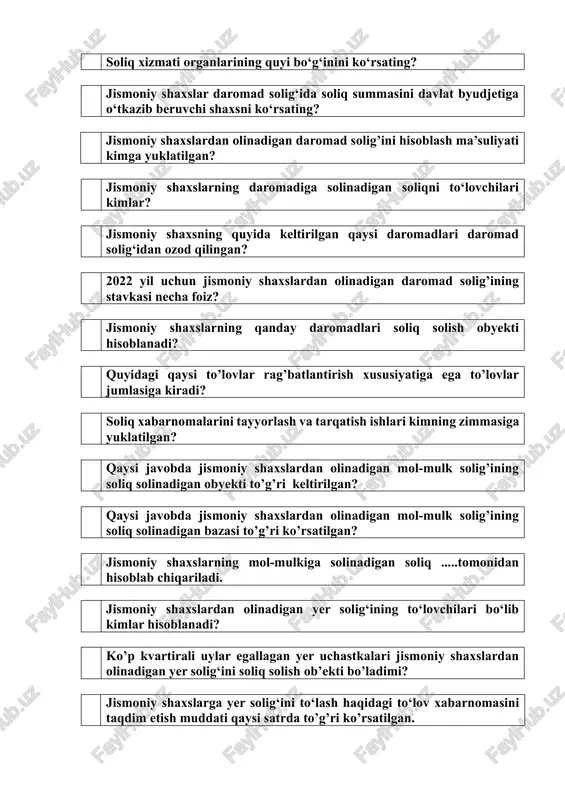 eklaratsiyani taqdim etishi to’g’ri ko’rsatilgan: quyida keltirilgan jismoniy shaxslardan qaysilari jismoniy shaxslardan olinadigan mol-mulk solig‘ini to‘lashdan ozod etilgan? jismoniy shaxslardan olinadigan mol-mulk solig’i bo’yicha imtiyozlar jismoniy shaxslar tomonidan tadbirkorlik faoliyati uchun foydalaniladigan soliq solish ob’ektlariga nisbatan.... jismoniy shaxslardan olinadigan mol-mulk solig’i bo’yicha imtiyozlar..... meros bo’yicha o’tgan mol-mulkdan soliq qachondan undiriladi? mol-mulk yil davomida bir mulkdordan boshqasiga o’tganda soliqni birinchi mulkdor .... to’laydi. quyidagi jismoniy shaxslardan qaysilari jismoniy shaxslardan olinadigan yer solig‘idan ozod etilmagan? qaysi javobda jismoniy shaxslardan olinadigan yer solig’ining soliq solinadigan bazasi to’g’ri berilgan? jismoniy shaxslardan olinadigan yer solig‘ini budjetga to’lash muddatini ko’rsating to’langan jismoniy shaxslardan undiriladigan yer solig’i summasi belgilangan tartibda qaysi byudjetga tushadi? jismoniy shaxslardan undiriladigan daromad solig’i iqtisodiy mohiyatiga ko’ra.... jismoniy shaxslarning mehnatga haq to‘lash tarzidagi daromadlari tarkibiga qanday daromadlar kiradi? jismoniy shaxslarning mulkiy daromadiga qanday daromadlar kiradi? quyidagi qaysi to’lov ishlanmagan vaqt uchun haq to’lashga kirmaydi? mol-mulkni ijaraga berishdan daromad olayotgan jismoniy shaxs daromad to’g’risidagi …