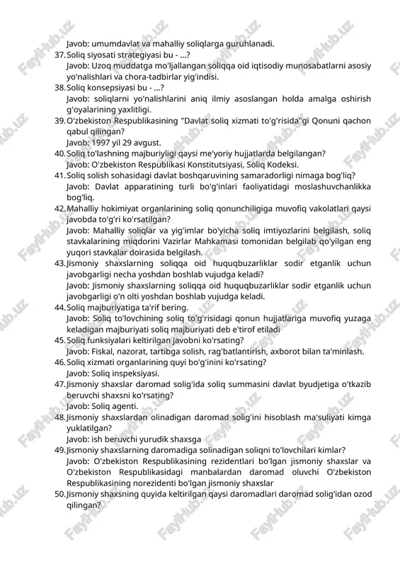 soliqlar keltirilgan javobni ko'rsating. javob: qqs, aksiz, bojxona boji. 30. to'g'ri soliqlar keltirilgan javobni ko'rsating. javob: jismoniy shaxslar daromad solig'i, foyda solig'i, aylanmadan olinadigan soliq, yer solig'i, suv resurslaridan foydalanganlik uchun soliq, mol-mulk solig'i. 31. daromaddan olinadigan soliqlar qaysi javobda to'liq keltirilgan? javob: foyda solig'i, jismoniy shaxslardan olinadigan daromad solig'i. 32. egri soliqlar tarkibi qaysi javobda to'g'ri ko'rsatilgan? javob: qqs, aksiz solig'i, bojxona bojlari. 33. qaysi soliq turlari guruhida soliqlarning haqiqiy va huquqiy to'lovchisi farqlanadi? javob: egri soliqlarda. 34. quyidagi soliqlardan qaysi biri resurs soliqlari tarkibiga kiradi? javob: yer qa'ridan foydalanganlik uchun soliq. 35. qaysi qatorda mahalliy soliqlar turlari ko'rsatilgan? javob: yer solig'i, mol-mulk solig'i. 36. soliqlar budjet bo'g'inlariga kelib tushishiga ko'ra -….. javob: umumdavlat va mahalliy soliqlarga guruhlanadi. 37. soliq siyosati strategiyasi bu - ...? javob: uzoq muddatga mo'ljallangan soliqqa oid iqtisodiy munosabatlarni asosiy yo'nalishlari va chora-tadbirlar yig'indisi. 38. soliq konsepsiyasi bu - ...? javob: soliqlarni yo'nalishlarini aniq ilmiy …