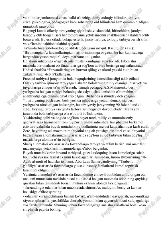 kaltak yeb katta bo'lsa, bu uning tabiatiga salbiy ta'sir qiladi. bu esa o'z navbatida oiladagi nosog'lom muhitda tarbiyalanayotgan boladan “ma'naviy kasal” insonlar shakllanadi. ular esa jamiyat ma'naviyatiga ham salbiy ta'sir ko'rsatadi. oilada ota-onalar “ommaviy madaniyat” ta'siriga berilib ketishi oqibatida farzandlarning tarbiyasiga ham salbiy ta'sir ko'rsatmoqda. istiqlol tufayli xalqimiz chet-el yurtlarini kezib, yangi xalq va urf-odatlarni guvohi bo'lib qaytmoqdalar. shu jumladan yevropa davlatlariga sayr qilib kelayotgan fuqarolarimiz bugungi kunda g'arb o'smirlari orasida boshqa mamlakatlar yoshlariga qaraganda uyushgan jinoyatchilik va zo'ravonlikka berilish holati yuqori. bunga sabab bolalarga keragidan ortiq erkinlik berilgani ekan. ularni hozirdan aysh-ishratga berilib, turli axloqsiz hatti-harakatlarga ruju qo'yishdan hech kim qaytarmasligini aytib berishmoqda. inson hayoti davomida biror shaxsni o'ziga o'rnak deb biladi, bundan inson u kabi hayot kechirishni, u erishgan yutuqlar kabi muvaffaqiyatlarga erishishni, yuksak cho'qqilarga chiqishni ko'zlaydi. bugun jamiyatning yosh a'zolari o'z hayotlari uchun boshqa madaniyat vakillarining fikrlash va hayot tarzini o'rnak qilib olishlari ko'p muammolarni keltirib chiqarmoqda. …