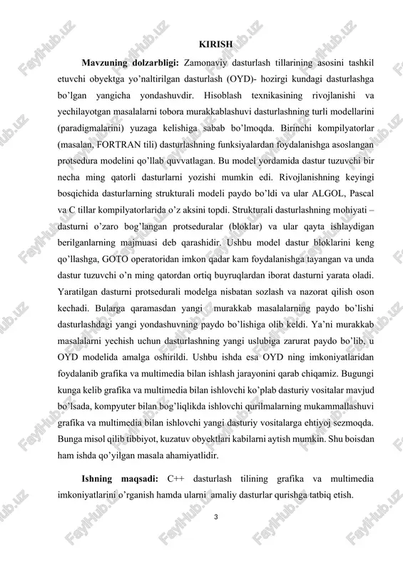 yicha ilmiy-uslubiy, nazariy adabiyotlarni o’rganish; − ta’lim to’g’risida davlat hujjatlari, dts talablari, ilg’or mutaxassis olimlarning fikrlarini o’rganish; − mavzuga aloqador mavjud internet resurslaridan foydalanish; − c++ tilining grafika va multimedia imkoniyatlarini amaliy dasturlar qurishga tatbiq etish. ishning hajmi va strukturasi: bitiruv malakaviy ishi, kirish, uchta bob, xulosa, foydalanilgan adabiyotlar hamda internet resurslari ro’yxatidan iborat. ishning 1-bobida grafik asos va primitivlar, tasvirni tashqi fayldan o’qish, bitli tasvirlardan foydalanish haqida umumiy tushunchalar keltiriladi. 2-bobda multiplikatsiya, multimediali fayllar bilan ishlashda animate komponenetasining qo’llanilishi, multimediali fayllar bilan ishlashda mediaplayer komponentasining qo’llanilishi amaliy masalalar yordamida tushuntiriladi. 3-bobida bir nechta funksiyalarning grafiklarini bir vaqtda tekislikda tasvirlash, ovozli fayllar bilan ishlash, video fayllar bilan ishlash dasturining matni va undan foydalanib olingan natijalardan namunalar keltiriladi. i bob c++ builder dasturining grafik imkoniyatlari c++ builder muhiti dasturchiga grafik imkoniyatlarni ham taqdim etadi . ushbu bitiruv malakaviy ishda c++ tilining multimedia imkoniyatlarini yoritish maqsadida forma sirtida garafik chizish, uning ustida …