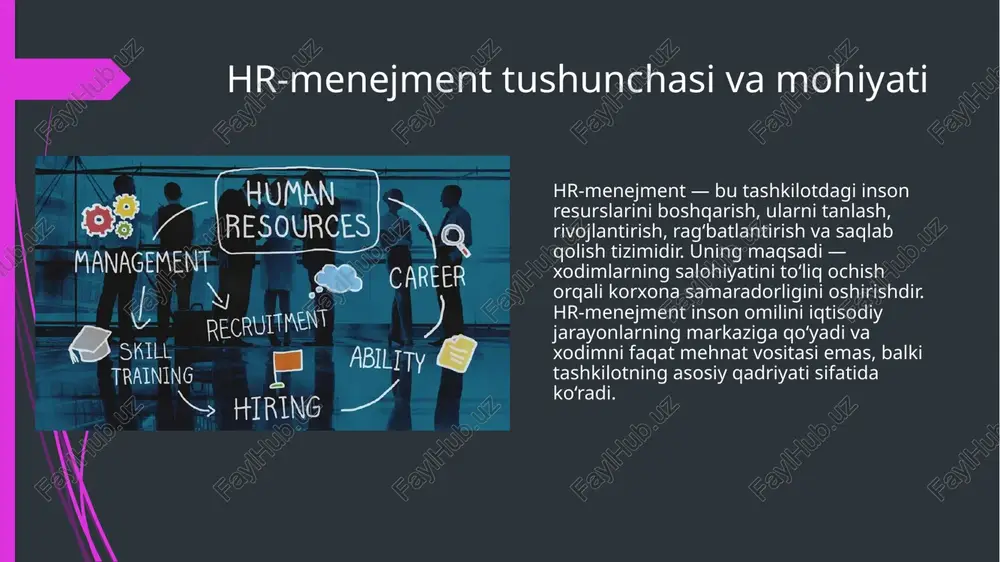 madaniyatni shakllantirishda muhim o‘rin tutadi. u xodimlar qadriyatlarini kompaniya maqsadlari bilan uyg‘unlashtiradi, jamoada ishonch muhitini yaratadi. hrbp’lar o‘zgarishlarni boshqarishda, yetakchilik ko‘nikmalarini rivojlantirishda va xodimlarning sodiqligini oshirishda asosiy rol o‘ynaydi. o‘zbekiston sharoitida hrbp tizimining ahamiyati o‘zbekistonda so‘nggi yillarda xususiy sektor va xorijiy kompaniyalar soni ortib bormoqda. shu sababli hrbp modeliga bo‘lgan ehtiyoj ham kuchaymoqda. mahalliy tashkilotlarda strategik hr tizimini joriy etish inson resurslaridan yanada samarali foydalanish, ish unumdorligini oshirish va xodimlar sodiqligini mustahkamlashga yordam beradi. xulosa hr-menejment evolyutsiyasi — bu oddiy kadrlar bo‘limidan strategik hamkorgacha bo‘lgan uzoq yo‘l. bugungi kunda hrbp modeli inson resurslarini boshqarishda eng ilg‘or tizimlardan biri hisoblanadi. u nafaqat kadrlar siyosatini boshqaradi, balki biznes muvaffaqiyatiga bevosita ta’sir ko‘rsatadi. har bir zamonaviy tashkilot uchun hrbp modeli inson kapitalini to‘g‘ri yo‘naltirish va rivojlantirishning eng samarali yo‘lidir. e’tiboringiz uchun rahmat image1.png image2.png image3.png image4.png image5.png image6.png image7.png image8.png image9.png