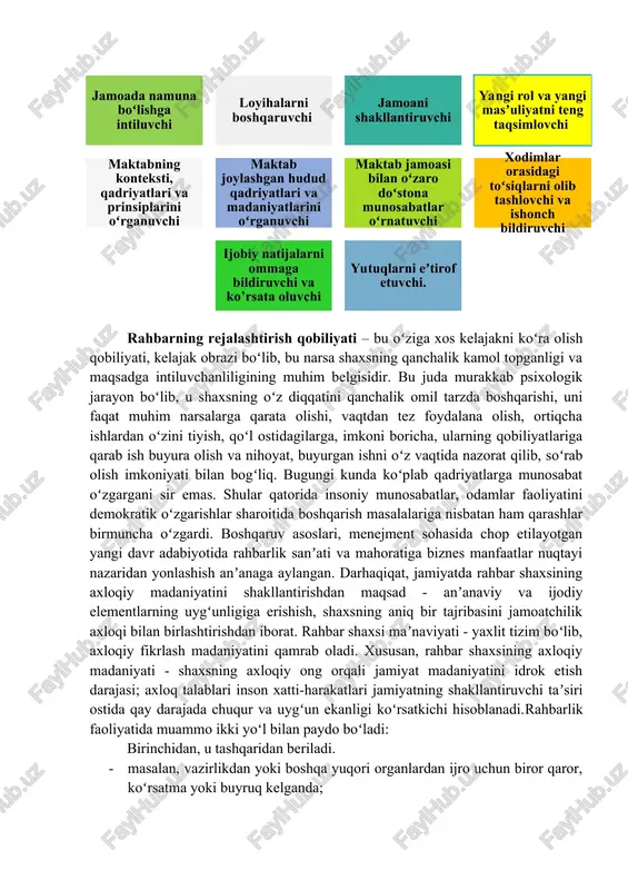 ng axloqiy madaniyatini shakllantirishdan maqsad - anʼanaviy va ijodiy elementlarning uygʻunligiga erishish, shaxsning aniq bir tajribasini jamoatchilik axloqi bilan birlashtirishdan iborat. rahbar shaxsi maʼnaviyati - yaxlit tizim boʻlib, axloqiy fikrlash madaniyatini qamrab oladi. xususan, rahbar shaxsining axloqiy madaniyati - shaxsning axloqiy ong orqali jamiyat madaniyatini idrok etish darajasi; axloq talablari inson xatti-harakatlari jamiyatning shakllantiruvchi taʼsiri ostida qay darajada chuqur va uygʻun ekanligi koʻrsatkichi hisoblanadi.rahbarlik faoliyatida muammo ikki yoʻl bilan paydo boʻladi: birinchidan, u tashqaridan beriladi. · masalan, vazirlikdan yoki boshqa yuqori organlardan ijro uchun biror qaror, koʻrsatma yoki buyruq kelganda; · pastki pogʻonadagi tashkilot, guruh, yoki shaxs biror bir masalani koʻtarib chiqqanda; · xar-hil qoʻshni tashkilotlardan muammolar koʻtarilgan murojatlar kelganda. ikkinchidan, muammo rahbarning mehnat faoliyatida uchraydigan turli xil maʼlumotlarni tahlil qilishi natijasida paydo boʻlishi mumkin. · tahlil murakkab tafakkur operatsiyasi hisoblanib, uning yordamida predmet va jarayonlar aniq oʻlchov birligiga ega boʻlgan usullar vositasida yaxlit tarzda yoki alohida qismlarini turli belgi …