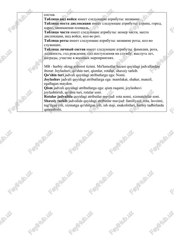 osi jadval quyidagi xususiyatlarga ega: sotuvchi , tovar, sanasi, vaqti, miqdori, narxi, summasi. variant №3 tanlangan variantga asoslanib, quyidagilarni bajaring: 1. o'rganilayotgan tashkilotning predmet sohasini tahlil qilish; 2. mavzu maydonining asosiy sub'ektlariga ta'rif bering; 3. ob'ektlar o'rtasidagi mavjud munosabatlarni tartibga soling: mustaqil ravishda har bir ob'ektga birlamchi kalitlarni qo'shing va ob'ektlar o'rtasida tashhqi kalitlarini o'rnating; 4. tashkilot ma'lumotlar bazasining infologik modelini tuzish; 5. tashkilot ma'lumotlar bazasining ma'lumotlar modelini tuzing. bd – informatsionnaya sistema voennogo okruga. bd sostoit iz sleduyushix tablits: mesta dislokatsii, vid voysk, chasti, roti, lichniy sostav. tablitsa vid voysk imeet sleduyushie atributi: nazvanie. tablitsa mesta dislokatsii imeet sleduyushie atributi: strana, gorod, adres, zanimaemaya ploshad. tablitsa chasti imeet sleduyushie atributi: nomer chasti, mesto dislokatsii, vid voysk, kol-vo rot. tablitsa roti imeet sleduyushie atributi: nazvanie roti, kol-vo slujashix. tablitsa lichniy sostav imeet sleduyushie atributi: familiya, rota, doljnost, god rojdeniya, god postupleniya na slujbu, visluga let, nagradi, uchastie v voennix meropriyatiyax. …