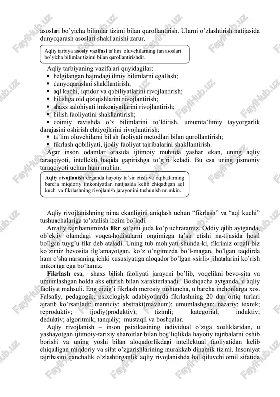 bevosita hissiy aks ettirishdan, abstrakt tushunchali fikrlashgacha bo’lgan harakatni talab etadi. o’quvchilarning ijobiy emosional holati ta’lim muassasasida ijobiy ijtimoiy-psixologik muhitni yaratishga – adabiyotlar va san’atni ishlab chiqishga, olimlarning hayoti va faoliyati, ijtimoiy faoliyatiga, o’zining shaxsiy tajribasiga e’tibor qaratishni uyg’otadi. o’quvchilarning amaliy faoliyat sohasi yetarlicha keng bo’lishi mumkin. o’quv-mehnat va ijtimoiy faoliyat o’quvchilarni keng doiradagi ijtimoiy munosabatlarga jalb qiladi, muloqot tajribasi, har tomonlama axborotlar bilan qurollantiradi. ta’lim-tarbiyani tashkil etish jarayonida fanlararo aloqadorlik, ijtimoiy va tabiiy omillarning o’zaro muvofiq kelishiga erishish omillari, atrof-muhit hamda ijtimoiy munosabatlar ta’sirida shaxs kamolotini ta’minlashga erishish imkoniyatlaridan unumli foydalanishga intilish maqsadga muvofiqdir. ta’lim muassasalarida o’quv predmetlari sifatida tavsiya etilgan fanlar asoslarining o’quvchilar tomonidan chuqur o’zlashtirilishi ularda keng dunyoqarashni shakllantirishga yordam beradi. pedagogning ijtimoiy va kasbiy pozisiyasi ilmiy dunyoqarashni shakllantirishning muhim omili sifatida aks etadi.dunyoqarashni shakllantirishning muvafaqqiyati ko’pincha, o’quvchilarning o’qituvchiga ishonchiga asoslanadi. aqliy tarbiyaning mazmun-mohiyati va komponentlari. aqliy tarbiya ta’lim oluvchining intellekti, bilish imkoniyatlarini, iqtidor va qobiliyatlarini rivojlantirishga …