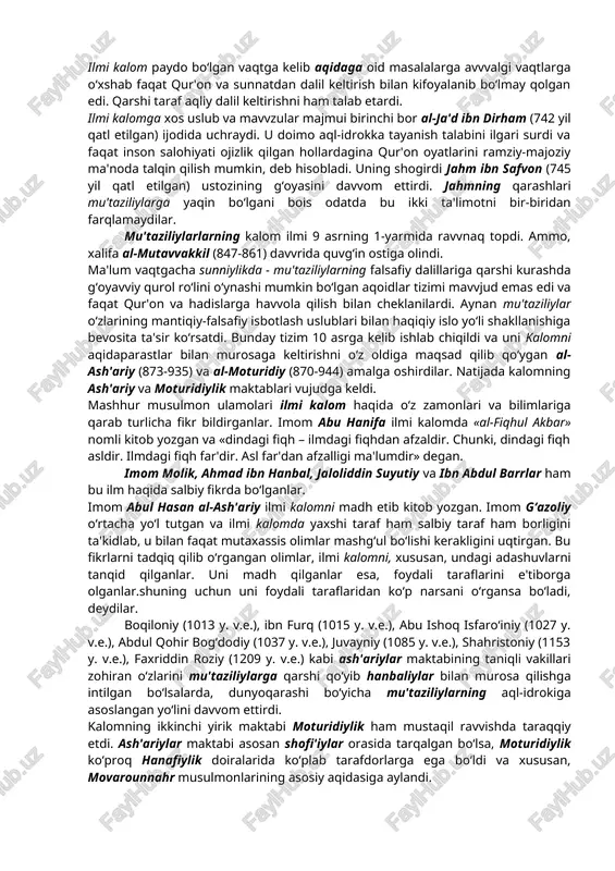 yilni mutlaqlashtirib konkret obyektiv sharoitni hisobga olmagan holda ko‘r-ko‘gopa qo‘llash buni ijtimoiy hayotning istagan sohasidan topish mumkin. keuіpdі davvrlarda diniy aqidaparastlik faollashib ketdi. vagsһa dinlarda shak keltirmasdan, miһokama qilmasdan e'tiqod qilish lozim bo‘lgan fikrlar – aqidalarni mutlaqlashtirib ularni saqlab qolishga, tiklashga urinishlar kuchaydi. kalom – (arabcha – ravvon nutq, so`z, gap, jumla ma'nolarini bildiradi) islom ilohiyot ilmi. mu'taziliylar paydo bo`lgandan keyin “aqida” ilmining nomi «kalom» deb atala boshlangan. 8 asrda arab xalifaligida paydo bo‘lgan. kalom islom diniy ta'limotini asoslashga harakat qiladi. kalom tarafdorlari mutakallimlar deyiladi. kalom turli diniy-siyosiy guruhlar (xorijiylar, qadariylar, jabariylar, murji'iylar va hak.) paydo bo‘lishi bilan bog‘liq bahslar jarayonida vujudga keldi va taraqqiy qildi. ulamolar ilmi kalomning ta'rifida ham bir necha xil fikrlar aytganlar. eng qadimgi ta'rif abu nasr farobiyga tegishli bo‘lib, u, «kalom sinoati ila millatning asoschisi aytgan chegaralangan gap va ishlarga nusrat berilur va unga xilof qilgan barcha so‘zlarni behudaga chiqarilur», degan. g‘azoliy ilmi kalom haqida …