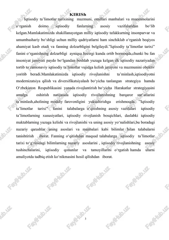 alabi bo‘lib bormoqda. uzoq o‘tmishdagi ko‘pgina o‘gitlar, hayotiy tajribalar, allomalarning fikri va g‘oyalari hozirgi kunda asqotmoqda, ularni o‘rganish va eng muhimi hayotga tadbiq etish zarur.“iqtisodiy ta’limotlar tarixi” fanining predmeti bo‘lib, ma’lum davrlardagi u yoki bu ijtimoiy qatlamlar, insonlar manfaatini ifoda etuvchi iqtisodiy g‘oyalar va ijtimoiy konsepsiyalarning vujudga kelishi, rivojlanishi va almashinuvining tarixiy jarayoni hisoblanadi.iqtisodiy ta’limotlar tarixi deyarli to‘rt ming yillik rivoji davomida bir qancha bosqichlarni bosib o‘tdi. ularning turli yo‘nalishlari va maktablari mavjud.“iqtisodiy ta’limotlar tarixi” kursi iqtisodiy fanlar tizimida muhim o‘rinni egallaydi.bu g‘oyalar ayrim iqtisodchi olimlar, nazariy maktablar, oqimlar va yo‘nalishlarga tegishlidir. iqtisodiy ta’limotlar tarixi mustaqil fan sifatida eng qadimgi davrdan boshlab to hozirgi zamongacha vujudga kelgan asosiy iqtisodiy fikr, g‘oya, qarash, nazariya va ta’limotlarni o‘z ichiga oladi. metodik jihatdan bu fan iqtisodiy tahlilning ilg‘or metodlari yig‘indisidan iborat bo‘lib, tarixiy, induksiya, mantiqiy abstraksiya va boshqa usullardan keng foydalanadi.iqtisodiy tafakkur tarixi fanining amaliy xo‘jalik ob’ekti bilan chambarchas bog‘liqligini namoyon etadi. «eskirgan …