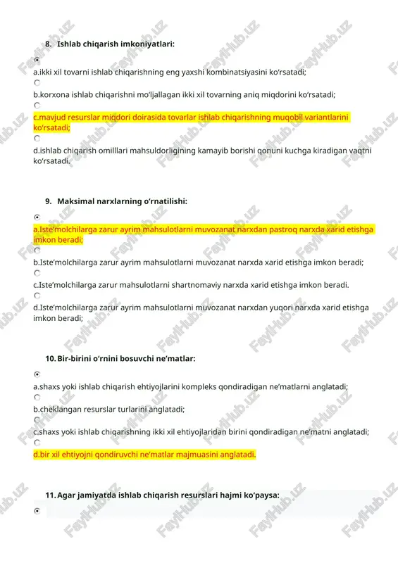 iste’molchilar daromadning o‘zgarishi; b.moda va didlarning o‘zgarishi. c.iste’molchilarning soni. d.mahsulotning narxi o‘zgarishi; 16. band bo‘lgan xodimlar soniga ko‘ra korxonalarning qanday guruhlash qabul qilingan? a.yakka tartibdagi tadbirkor va xususiy korxona. b.mas’uliyati cheklangan va qo‘shimcha mas’uliyatli jamiyatlar, to‘liq shirkat, kommandit shirkat; c.ochiq va yopiq tipdagi aksiyadorlik jamiyatlari, dehqon xo‘jaligi, fermer xo‘jaligi; d.yakka tartibdagi tadbirkor, mikrofirma, kichik korxona, yirik korxona; 17. bozor taklifi oshib, taklif chizig‘i o‘ngga surilsa: a.muvozanatli narx kamayadi va tovar hajmi oshadi; b.muvozanatli narx oshadi va tovar hajmi o‘zgarmay qoladi; c.muvozanatli narx kamayadi va tovar hajmi kamayadi; d.muvozanatli narx oshadi va tovar hajmi oshadi. 18. chekli transformatsiya normasi (koeffitsienti)… a.qo`shimcha bir birlik ′ni sotish natijasida umumiy daromadning o`sgan qismidir. b.ishlab chiqarish hajmini kichik miqdorga (odatda bir birlikka) oshirish bilan bog`liq bo`lgan qo`shimcha umumiy xarajatdir. c.birinchi tovardan qo’shimcha bir birlik ishlab chiqarish uchun ikkinchi tovardan qancha voz kechish kerakligini ko’rsatadi. d.ne′matdan qo`shimcha bir birlik iste′mol qilish natijasida olinadigan qo`shimcha naf miqdorini …