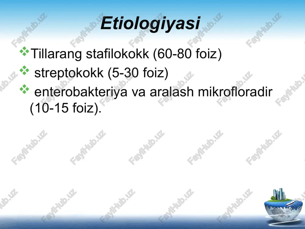 hatlar natijasida paydo bo'ladi. infeksiya tashqi muhitdan o'tadi. dastlabki paytlarda yashirin, bilinar-bilinmas kechayotgan jarayon kuzatiladi. osteomiyelitning avj olishiga jarohatda yot jismlar yoki suyak parchalarining mavjudligi imkon yaratadi. jarohatlangan joyda sust granulyatsiya, oqma yaralarning paydo bo'lishi ehtimoli, shish, ora-sira takrorlanib turadigan flebit hamda limfangit aniqlanadi. bemorning umumiy ahvoli asta-sekin yomonlashib boradi, kamqonlik (anemiya) rivojlanadi, harorat ko'tariladi. tashqi omildan bevosita ilikli suyakning ust pardasigacha yetib bormay, faqat kartikal qatlamning gavers kanallarinigina shikastlantiradi. buning natijasida shikastlangan suyak sohasining oziqlanishi buziladi, nekroz boshlanadi, ayni paytda, demarkatsiya zonasi vujudga keladi; demarkatsiya zonasining paydo bo'lishi oqibatida esa, yashashga qodir bo'lmagan suyak bo'laklari tushib ketadi, ya'ni sekvestrlanadi rentgen sekvestrlangan suyak bo'shliqlari, suyak ichki sklerozi va suyak pardasining qalinlashganligi kuzatiladi. singan joylarning sust bitayotganligi aniqlanadi asorat osteomiyelit pirovardida soxta bo'g'imlar, ankilozlar, kontrakturalar paydo bo'lishi mumkin. yiringli asorat natijasida keyinchalik oyoq yoki qo'l qorasonga gangrenaga uchrashiga, sepsisga va ichki a'zolarning amiloid degeneratsiyalanishiga olib kelishi mumkin. davosi. kasallangan qo'l yoki …