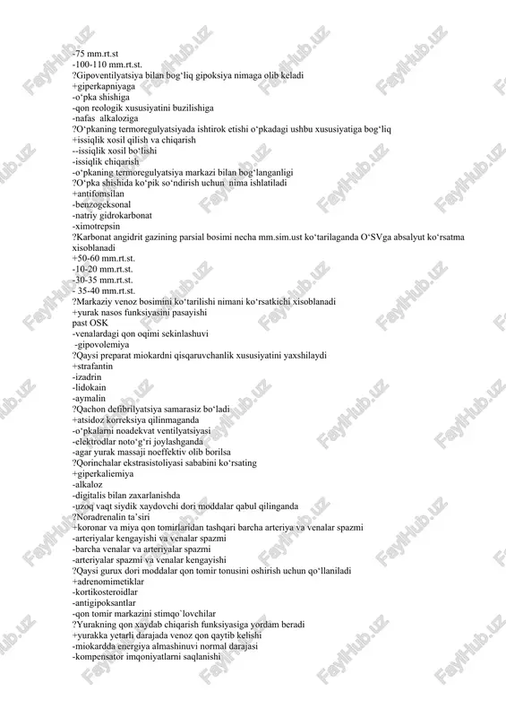 miya shishiga -metobolizm buzilishiga -qon reologiyasi buzilishiga ?nafas olishning markaziy buzilishiga olib keluvchi faktorlardan biri +miya shishiga -intubatsion naychaning bukilib qolishi -oshqozon ajralmasi aspiratsiyasi -o‘pka o‘smasi ?kislorodning normal parsial bosimi +92-95 mm.rt.st -60-80 mm.rt.st. -75 mm.rt.st -100-110 mm.rt.st. ?gipoventilyatsiya bilan bog‘liq gipoksiya nimaga olib keladi +giperkapniyaga -o‘pka shishiga -qon reologik xususiyatini buzilishiga -nafas alkaloziga ?o‘pkaning termoregulyatsiyada ishtirok etishi o‘pkadagi ushbu xususiyatiga bog‘liq +issiqlik xosil qilish va chiqarish --issiqlik xosil bo‘lishi -issiqlik chiqarish -o‘pkaning termoregulyatsiya markazi bilan bog‘langanligi ?o‘pka shishida ko‘pik so‘ndirish uchun nima ishlatiladi +antifomsilan -benzogeksonal -natriy gidrokarbonat -ximotrepsin ?karbonat angidrit gazining parsial bosimi necha mm.sim.ust ko‘tarilaganda o‘svga absalyut ko‘rsatma xisoblanadi +50-60 mm.rt.st. -10-20 mm.rt.st. -30-35 mm.rt.st. - 35-40 mm.rt.st. ?markaziy venoz bosimini ko‘tarilishi nimani ko‘rsatkichi xisoblanadi +yurak nasos funksiyasini pasayishi past osk -venalardagi qon oqimi sekinlashuvi -gipovolemiya ?qaysi preparat miokardni qisqaruvchanlik xususiyatini yaxshilaydi +strafantin -izadrin -lidokain -aymalin ?qachon defibrilyatsiya samarasiz bo‘ladi +atsidoz korreksiya qilinmaganda -o‘pkalarni noadekvat ventilyatsiyasi -elektrodlar noto‘g‘ri …