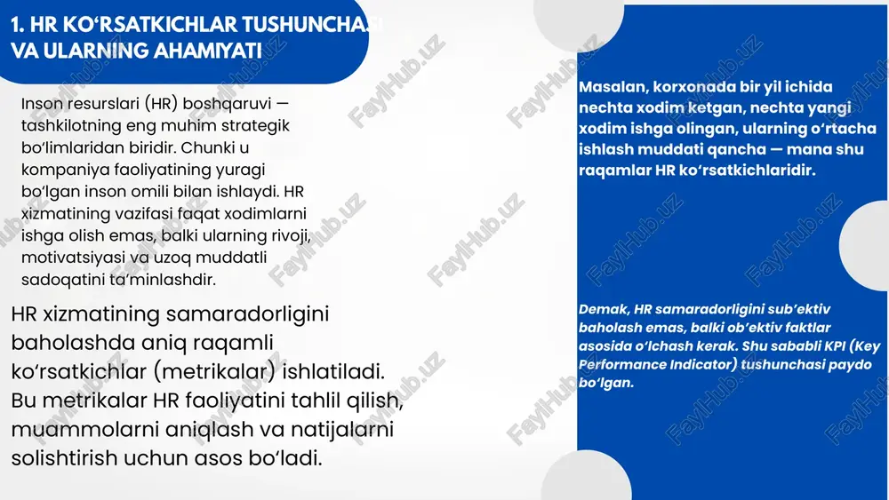 loyee satisfaction level – xodimlar qoniqish darajasi bu ko‘rsatkich xodimlarning o‘z ish joyidan, rahbardan, maoshdan va jamoaviy muhitdan mamnunlik darajasini o‘lchaydi. odatda maxsus so‘rovnomalar orqali aniqlanadi (1 dan 5 gacha ballik tizimda). fakt: forbes 2023-yilgi so‘roviga ko‘ra, o‘z ishidan qoniqqan xodimlar 31% ko‘proq samaradorlik bilan ishlaydi va 45% kamroq ishdan ketadi. xulosa: yuqori qoniqish hr xizmatining motivatsiya va korporativ madaniyatni to‘g‘ri yo‘lga qo‘yganini bildiradi. 7. training effectiveness – o‘quv va rivojlantirish samaradorligi bu ko‘rsatkich hr tomonidan tashkil etilgan treninglardan keyin xodimlarning malakasi va ish natijasi qay darajada oshganini bildiradi. masalan: treningdan oldin xodimning ishlab chiqarish normasi 80 birlik bo‘lgan, treningdan keyin 100 birlikka chiqqan bo‘lsa, samaradorlik 25% oshgan. fakt: linkedin learning ma’lumotiga ko‘ra, muntazam o‘qitiladigan xodimlar 59% hollarda kompaniyaga sodiq qoladi. xulosa: treninglar natijasida samaradorlik oshsa — bu hr rivojlantirish siyosati muvaffaqiyatli ekanidan dalolat. 8. turnover rate – xodimlar aylanish darajasi bu ko‘rsatkich hr tizimining ichki muhitini aks ettiradi. u …