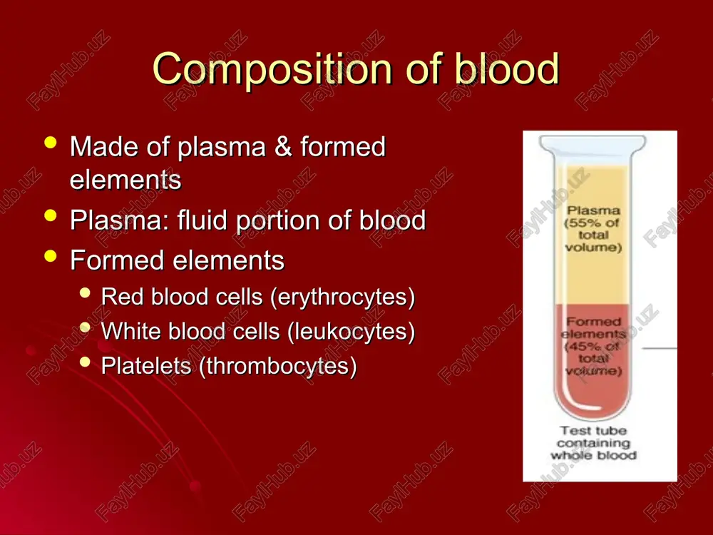 ag present on it own rbcs plasma does contain ab against those ag not present on its rbcs the rh system rh positive: rh antigen is present on rbcs rh negative: rbcs have no rh antigen blood does not normally contain anti-rh antibodies except thru previous transfusion or pregnancy blood plasma 90% water, 10 % solutes most of the solutes are proteins (formed by liver) albumin: help maintain osmotic balance globulins: immune mechanism fibrinogen: blood clotting remaining solutes are food substances, metabolic products, respiratory gases, hormones, etc coagulation four components critical to coagulation prothrombin thrombin fibrinogen fibrin three stages stage i stage ii stage iii stage i production of thromboplastin activator by either: extrinsic pathway: chemicals released from damaged tissues intrinsic pathway: chemicals present in the blood stage ii conversion of prothrombin to thrombin by the prothrombin activator produced in stage i stage iii conversion of fibrinogen to fibrin and …