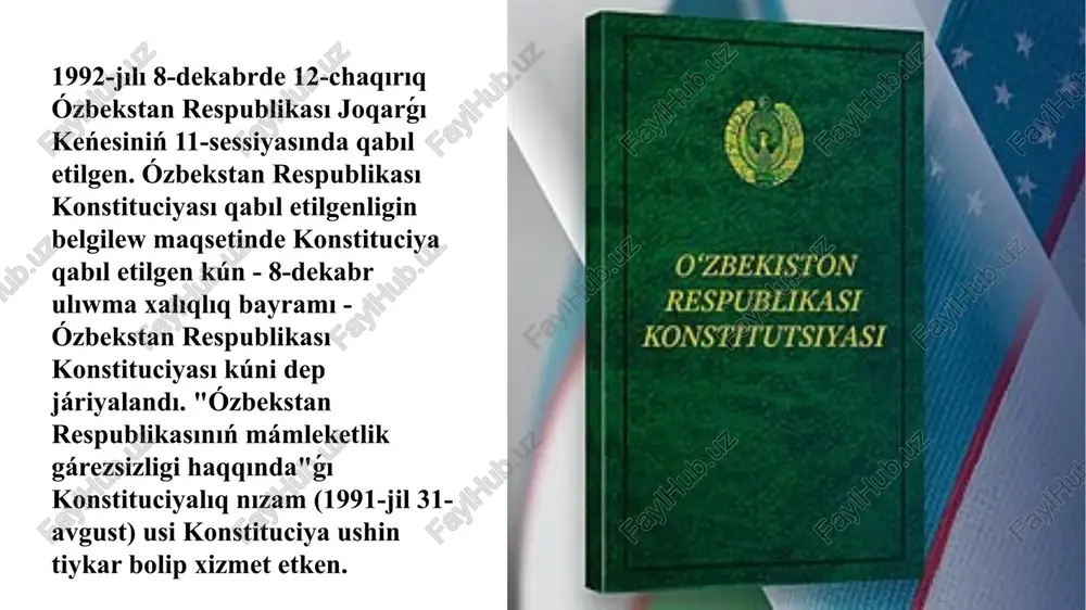 ńesgóylerin" degen sózler "baslıqtı (aqsaqaldı) " degen sózler menen almastırılǵan; 2019-jıl 18-fevralda qabıl etilgen nızam menen 80 hám 93-statyalardaǵı "milliy" degen sóz "mámleketlik" degen sóz benen almastırılǵan; 2019-jıl 5-martta qabıl etilgen nızamǵa tiykarlanıp 79, 93 hám 98-statyalarǵa ózgerisler kirgizilgen; 2019-jıl 4-sentyabrde qabıl etilgen nızamǵa tiykarlanıp saylaw haqqındaǵı nızam hújjetleri jetilistiriliwi múnásibeti menen 96 hám 117-statyalarǵa ózgerisler kirgizildi. 2017-jıl 31-mayda qabıl etilgen nızam menen konstituciyanıń 80, 93, 108 hám 109-statyalarına ózgerisler hám qosımshalar kirgizilgen; 2017-jıl 29-avgustta qabıl etilgen nızam menen konstituciyanıń 99 hám 102-statyalarına ózgerisler hám qosımshalar kirgizilgen; 2018-jıl 15-oktyabrde qabıl etilgen nızam menen 105-statyanıń birinshi bólimindegi "eki yarım jıl múddetke baslıqtı (aqsaqaldı) hám onıń keńesgóylerin" degen sózler "baslıqtı (aqsaqaldı) " degen sózler menen almastırılǵan; 2019-jıl 18-fevralda qabıl etilgen nızam menen 80 hám 93-statyalardaǵı "milliy" degen sóz "mámleketlik" degen sóz benen almastırılǵan; 2019-jıl 5-martta qabıl etilgen nızamǵa tiykarlanıp 79, 93 hám 98-statyalarǵa ózgerisler kirgizilgen; 2019-jıl 4-sentyabrde qabıl etilgen nızamǵa tiykarlanıp saylaw …