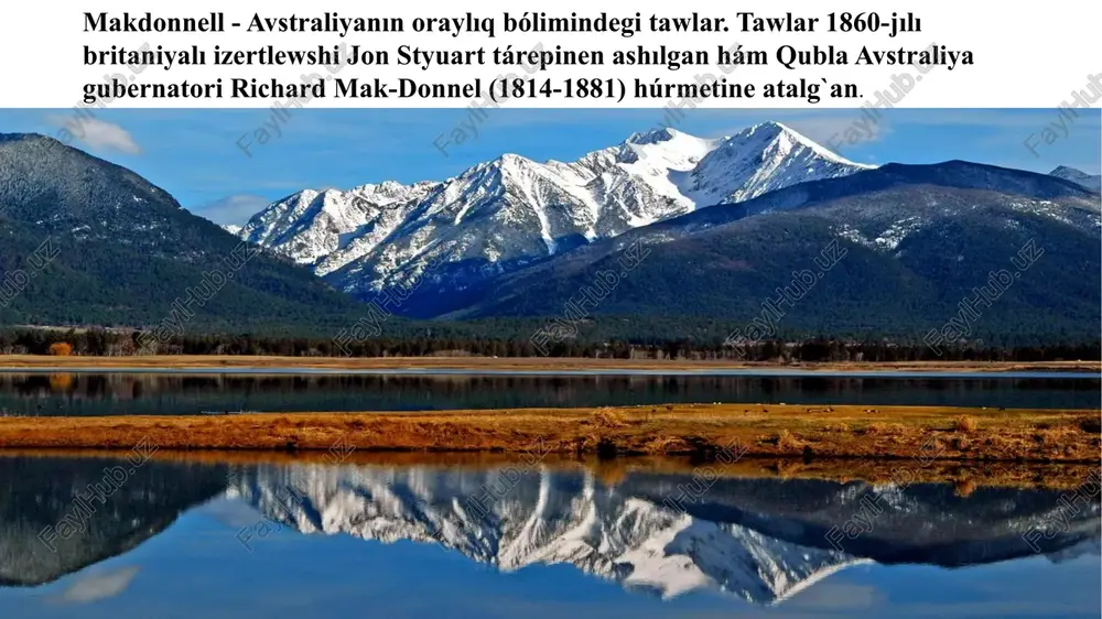 simvolikalıq shaxsın húrmet etiwdi qáledi. "makkinli" ataması altın izlewshi uilyam dikiniń maqalasınan kelip shıqqan bolıp, ol tawdı 1897-jılı aqsh prezidenti uilyam makkinli húrmetine ol prezident bolıwınan sál aldın ataǵan. tawdı jergilikli koyukon xalqı "denali," yaǵnıy "bálent" yamasa "bálent" dep atagan. bul at 1897-jılǵı gazeta maqalasında makkinli tauı dep ózgertildi hám 1917-jılı milliy baǵdıń rásmiy atına aylandı, biraq denali jergilikli xalıq paydalanıwda dawam etti. denalıdan makkinlige hám artqa denali (dinale): ásirler dawamında koyukon atabaskan xalqı tawdı denali, yaǵnıy "bálent" yamasa "bálent" dep atagan. bolshaya gora: rossiyanıń alyaskaǵa ielik etiwi dáwirinde ol bolshaya gora, denalınıń russha awdarması dep atalǵan. densmor tawı: frank densmor atlı altın izlewshisi 1880-jıllardıń aqırında aymaqtı izertlegen hám izlewshiler onı bir waqıt densmor tawı dep ataǵan. makkinli tawı: 1897-jılı saylanǵan prezident makkinliniń ıqlasshısı, altın izlewshi uilyam dikki nyu-york sun gazetasında basılǵan maqala bolip sanaladi itibarin`iz ushin raxmet image1.png image2.png image3.png image4.png image5.png image6.png image7.png image8.png image9.png image10.png image11.png image12.png …