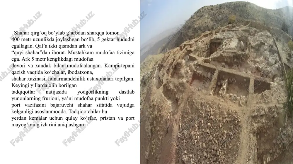avv. iii–ii asrlarda shahar “demetriya”, kushonlar davrida “tarmida” deb atalgan. kushonlar davrida fayoztepa va qoratepa budda monastirlari qurilib, hududning yirik buddaviylik dini va kushonlar saltanatining siyosiy markaziga ham aylangan baqtriyaning antik davriga oid yirik shaharlaridan biri ayritom hisoblanadi. u mil.avv. ii asrda port–shahri sifatida amudaryoning oʻng qirgʻogʻida termiz shahridan 18 km sharqda, amudaryoning kechuvi ustida qurilgan. shahar 1930- yillarda m.ye.masson boshchiligidagi termiz arxeologik ekspeditsiyasi, 1960- yillarda oʻzbekiston sanʼatshunoslik ekspeditsiyasi olimlari tomonidan oʻrganilgan. port–shahar shimoldan janubga 3 km. choʻzilgan boʻlib, 90 gektar hududda joylashgan.shahar uch tomonlama mudofaa devori bilan mudofaalangan. kushonlar davrida bu yerda yirik budda monastiri bunyod etilgan. 1933-yilda v.m.masson budda haykallari, musiqachilar va gulchambar koʻtargan ayollarning boʻrtma tasviri ishlagan koshinni topgan. shahar atrofida kulolchilik xumdonlari aniqlangan. milodiy iii asrning ikkinchi yarmida ayritom vayron boʻlgan, qayta tiklanmagan. yunon–baqtriya davlati hukmronligi davrida, mil.avv. iii asrning ikkinchi yarmidan yaʼni davlat chegaralari himoyasiga alohida eʼtibor qaratilgan. sugʻddan baqtriyaga kirish mumkin boʻlgan togʻli hududlarda …