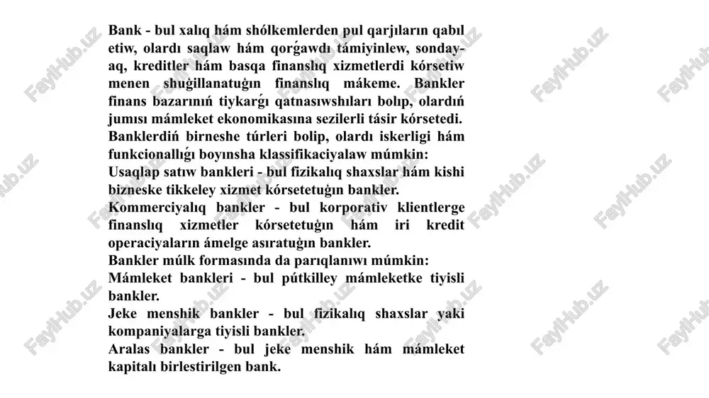 ám basqa hár qıylı dáldalshılıq operaciyaların orınlawshı mákemege aytıladı. bankler payda bolıwınıń tiykarı tovar-pul qatnasıqlarınıń rawajlanıwı yesaplanadi. tovar-pul qatnasıqlarınıń payda bolıwı hám olardıń rawajlanıp barıwı barlıq social-ekonomikalıq dúzimlerde banklerdiń bolıwın talap yetedi."bank" italyansha "banca" sózinen alınǵan bolıp, "stol," anıǵıraq aytıp aytqanda, "pullı stol" mánisin ańlatadı. orta ásirlerde italiyalı pullılar qaltalarındaǵı, ıdıslardaǵı monetalardı stol ústine qoyıp esap-kitap etken. xii ásirde genuyada pul almastırıwshılar "bancherii," dep atalgan. eger pullılardan birewi isenimdi aqlamasa hám óz jumısına juwapkersizlik ece, ol otırgan stoldı sındırıp taslagan hám oni "banco rotto," yagniy bankrot, dep atagan. demek, bizge belgili bolgan "bankrot" da italyansha "banca" sózinen alıngan. bankler payda boliwiniń dáslepki basqıshi xvi ásirde florenciya hám veneciyada shólkemlestirilgen kishi jirobankler bolip esaplanadı. keyinirek bunday bankler amsterdamda (1605), gamburgta (1618), milanda, nyurnbergte, genuyada payda bolgan. bul bankler tiykarınan óz klientleri sawdagerlerge xizmet kórsetken. wazıypası hám túrleri bank jumisınıń tiykarǵı baǵdarları depozit (omonat) qabıllaw, kreditler beriw hám klientlerge kredit yesap-kitap xızmetin …