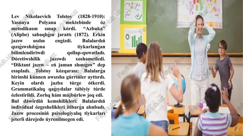 1970): jazıwdı úyretiwdiń ilimiy sistemasın jarattı. háripler izbe-izligin tiykarladı. grafika hám kalligrafiya principlerin islep shıqtı. rozhdestvenskiy sisteması, tayarlıq dáwiri (2-3 hápte): háriplerdi úyreniw dáwiri (3-4 ay); sóz hám gáp jazıw dáwiri (2-3 ay); bekkemlew dáwiri (jıl dawamında); mixail rostislavovich lvov (1924-2000): sóylew rawajlanıwı hám jazıw ortasındaǵı baylanıstı úyrendi. dóretiwshilik jazıw metodikasın islep shıqtı. muǵallimler ushın kóplegen qollanbalar jarattı. dáwir jetiskenlikleri: grafika hám kalligrafiya standartları – hár bir hárip ushın anıq jazıw norması islep shıǵıldı. qıyalıq múyeshi: 65 gradus. háripler bálentligi qatnası: 1:2:3 (kishi, ortasha, uzın). háripler arasındaǵı aralıq: 2-3 mm. sózler arasındaǵı aralıq: bir hárip keńligi. arnawlı dápterler: 1950-jılları “kosinskaya setka” – arnawlı sızıqlı dápterler jaratıldı. eki sızıqlı dápter – baslawısh klass ushın. tórt sızıqlı dápter – joqarı klasslar ushın. kórsetpe noqatları hám úlgiler kirgizildi. reńli sızıqlar (qızıl – tiykarǵı, kók – járdemshi) sabaqtıń strukturası: shólkemlestiriw bólimi – 2 minut. qol shınıǵıwları – 3 minut. tákirarlaw – 5 minut. jańa …