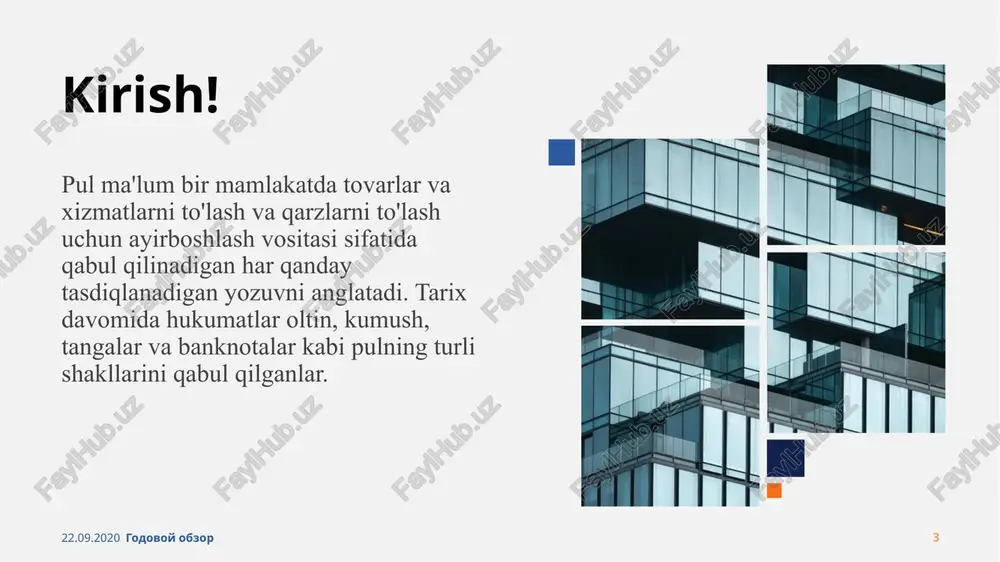 rdan foydalanish uchun qarz berganligini anglatadi. 4. kechiktirilgan to'lov standarti 22.09.2020 godovoy obzor ‹#› pul - bu qimmatli operatsiyalarni osonlashtirish uchun foydalaniladigan likvid aktiv. u jismoniy va yuridik shaxslar o'rtasida ayirboshlash vositasi sifatida ishlatiladi. bu, shuningdek, boshqa tovarlar qiymatini o'lchash mumkin bo'lgan qiymat ombori va hisob birligidir. pul ixtiro qilinishidan oldin, ko'pchilik iqtisodlar ayirboshlashga tayangan, bu erda jismoniy shaxslar o'zlarida mavjud bo'lgan tovarlarni to'g'ridan-to'g'ri o'zlariga kerak bo'lgan narsalarga almashtirganlar. bu istaklarning ikki tomonlama mos kelishi muammosini ko'tardi: agar ikkala ishtirokchi ham boshqasiga kerak bo'lgan narsaga ega bo'lsa, bitim amalga oshirilishi mumkin edi. pul vositachi tovar vazifasini bajarib, bu muammoni bartaraf etadi.pulning birinchi ma'lum shakllari qishloq xo'jaligi tovarlari, masalan, don yoki qoramol edi. bu tovarlarga talab katta edi va savdogarlar kelajakda bu tovarlardan yana foydalanishlari yoki savdo qilishlari mumkinligini bilishardi. kakao loviyalari, kovri qobig'i va qishloq xo'jaligi asboblari ham pulning dastlabki shakllari bo'lib xizmat qilgan. iqtisodiyotlar murakkablashgani sari pul birliklari standartlashtirildi. …