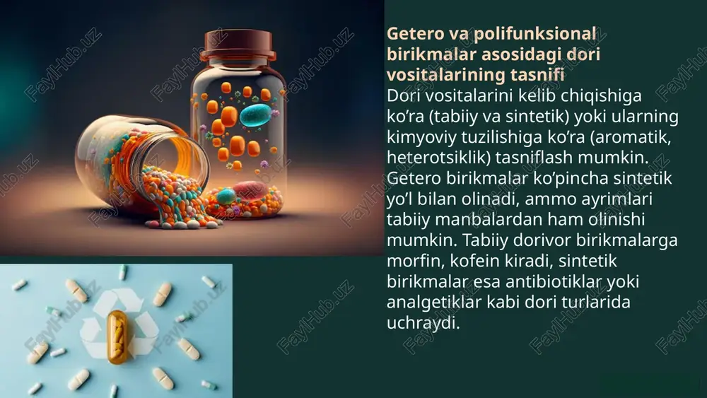 lar kam doza bilan ham kuchli ta’sir ko‘rsatadi. misol uchun, antimalarial va antituberkulyoz dorilar shular jumlasidandir. ... polifunksional guruhlar va ularning ta’sirchanligi bir nechta funksional guruhlarni o’z ichiga olgan polifunksional birikmalar biologik samaradorlikka ega bo‘lib, ularni dorilar sintezida keng qo‘llashga imkon beradi. masalan, fenol va amin guruhlarini o‘z ichiga olgan molekulalar antiseptik xususiyatlarga ega. zamonaviy dori vositalarining sintezi va ularning tibbiyotdagi qo’llanilishi zamonaviy dori vositalari laboratoriyalarda getero va polifunksional birikmalar yordamida sintez qilinadi. bu jarayon tibbiy diagnostika va davolash samaradorligini oshirish imkonini beradi. ... dori vositalari yaratishda getero va polifunksional birikmalarning ahamiyati 1 sinergizm getero va polifunksional birikmalarning o'zaro ta'siri natijasida yangi, ko'p qirrali biologik faollikka ega dorilar yaratilishi mumkin. 2 molekulyar murakkablik bu birikmalarning strukturaviy murakkabligi dori molekulalarining biologik faolligini oshirish imkonini beradi. 3 selektivlik getero va polifunksional birikmalardan sintez qilingan dorilar, odatda, muayyan maqsadlarga yo'naltirilgan bo'ladi. 11 hetero va polifunksional birikmalarning umumiy xususiyatlari strukturaviy xilma-xillik getero va polifunksional …