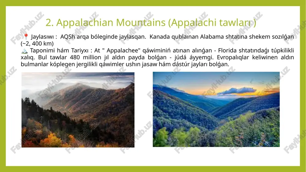 bul at basqa qáwimler tárepinen olardıń azıq-awqat qıyınshılıqlarına belgi retinde qollanılǵan ). bul tawlar aqshtin’ zárúrli milliy baǵı - adirondack park aymaǵında jaylasqan. paydalanilg’an a’debiyatlar 1. taponimika - ózbekstan milliy ensiklopediyasi, tashkent, 2000-jıllar. 2. f. n. abdulloyev, ózbek taponimiyasi tariyxına tiyisli izertlewler, tashkent, 1990. 3. y. m. kolesov, “taponimika” (moskvada baspadan shıǵarılǵan, orıs tilinde). 4. a. s. urazaev, “taponimika teoriyası hám metodikasi”, tashkent, 2005. 5. v. a. nikonov, “russkaya taponimika”, moskva, 1976. 6. e. m. pospelov, “geografiyalıq at jáne onıń túrleri”, moskva, 1986. image1.jpeg image2.jpeg image3.jpeg image4.jpeg image5.jpeg image6.jpeg image7.jpeg image8.jpeg image9.jpeg image10.jpeg image11.jpeg image12.jpeg image13.jpeg image14.jpeg image15.jpeg /docprops/thumbnail.jpeg
