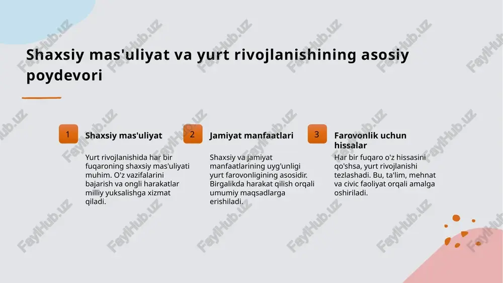 uning ahamiyati 1 vatan uchun hissa har bir fuqaro yurt rivojiga o‘z shaxsiy hissasini qo‘shishi bilan umumiy farovonlik va barqarorlik ta’minlanadi, bu esa milliy taraqqiyotga hissa qo‘shadi. 2 farovonlik uchun mas’uliyat fuqarolik vazifalarini bajarish va ijtimoiy mas’uliyatni anglash, yurt farovonligiga olib keladigan muhim omil hisoblanadi. 3 yoshlarning roli yoshlar va yangi avlodlar faol ishtiroki yurt rivojida muhim, ular yangi fikrlar va tashabbuslar bilan mamlakatni rivojlantiradi. 4 shaxsiy va umumiy manfaatlar shaxsiy maqsadlar bilan umumiy yurt manfaatlari birga rivojlanadi, bu esa jamiyatning barqarorligini va rivojlanishini ta’minlaydi. fuqarolik faoliyati va shaxsiy mas'uliyat orqali milliy taraqqiyotga erishish 1 vatan uchun faoliyat - fuqarolik faoliyati jamiyatga xizmat qilish va yurt farovonligini ta'minlash uchun muhimdir. har bir fuqaro o'z roli bilan milliy rivojlanishga hissa qo'shadi. 2 shaxsiy mas'uliyat - shaxsiy mas'uliyat yurt rivojlanishida asosiy omil bo'lib, inson o'z vazifalarini bajarib, davlat va jamiyat uchun muhim rol o'ynaydi. 3 hamkorlik va ishtirok - faol civic ishtirok …