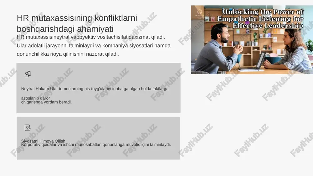 h. agar konflikt qayta boshlansa, aralashuvni takrorlash. konfliktlarni oldini olish va sog'lom ish muhitini yaratish eng yaxshi strategiya – konflikt yuzaga kelishidan oldin uning oldini olishdir. hr profilaktika choralari bilan shug'ullanadi. konfliktni hal qilishga o muzokara va tinglash bo'yicha treninglar o'tkazish. ba'rrgcahtais hxodimlar va menejerlar uchun konfliktlarni boshqarish, aniq rollar va k esa resurslar bo'yicha kelishmovchiliklarni kamaytiradi. isuht iolm'rianllaarri tavsiflarini, mas'uliyat va vakolatlarni aniqlashtirish, bu ochiq muloqot k mulohaza mexanizmlarini joriy qilish. xaondaimllalarrini o'z fikrlarini xavfsiz ifoda etishga undash va doimiy fikr- xulosa va keyingi qadamlar kalit rol hr mutaxassislari ish joyi barqarorligi va adolatini ta'minlashda hal qiluvchi vositachilardir. tizimli yondashuv konfliktlarni tizimli bosqichlar asosida hal qilish, adolat va neytrallikni saqlash talab etiladi. kelajakdagi fokus oldini olish choralari va xodimlarni o'rgatish orqali sog'lom, konstruktiv ish muhitini shakllantirish muhim. image1.jpeg image2.jpeg image3.png image4.png image5.png image6.png image7.png image8.png image9.png image10.png image11.png image12.jpeg image13.png image14.jpeg image15.png image16.png image17.png image18.png image19.png image20.jpeg image21.jpeg image22.png …