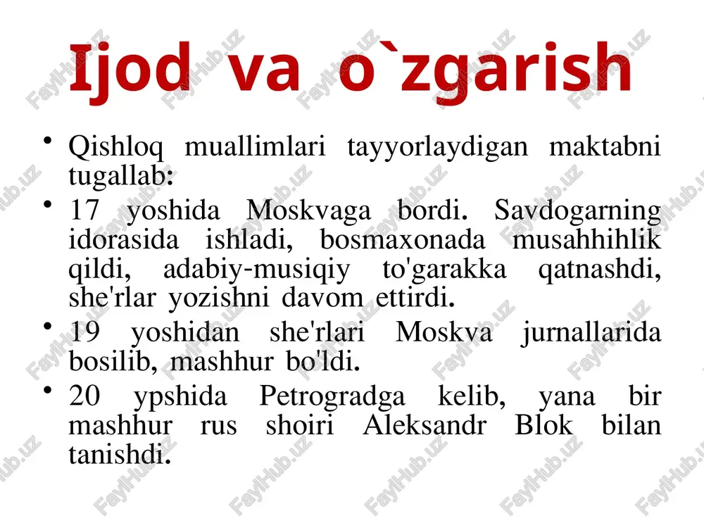 oyimga, o'tkir aroq, may o'rniga ham achchiq-achchiq choy tutar menga. quy, mezbonim, ammo had bilan, bog'ing aro turfa gullar bor. oqshom menga niqob ostidan ohu ko'zin suzdi gulruxsor… «bu dunyoda men bir yo'lovchi...» singlim shuraga bu dunyoda men bir yo'lovchi, shodon menga qo'l silki, erkam. xuddi shunday tinch, erkalovchi ziyo to'kar kuz fasli oy ham. isinurman oyning taftiga, ilk bor undan orom olar jon. allaqachon so'ngan sevgiga umid bog'lab yashayman hamon… sinov 1. sergey yeseninga nisbatan adabiyot ahli orasida yuradigan qaysi iborani qo’llash mumkin? 2. sergey yesenin qachon va qayerda tug’ilgan? 3. s. eseninning necha yoshda savodi chiqdi? 4. s. esenin necha yoshdan she’r yoza boshladi? 5. she’rlari moskva jurnallarida bosila boshlaganda s. esenin necha yoshda edi? 6. s. esenin 1918-1921-yillarda qayerlarda safarlarda bo’ldi? 7. 1922-1923-yillarda qayerlarda bo’ldi? 8. s. yesenin forsiy tildagi mumtoz she’riyat namunalari bilan tanishgandan keyin qaysi asarini yaratdi? 9. s. yesenin she’rlarini o’zbek tiliga kimlar o’girgan? …