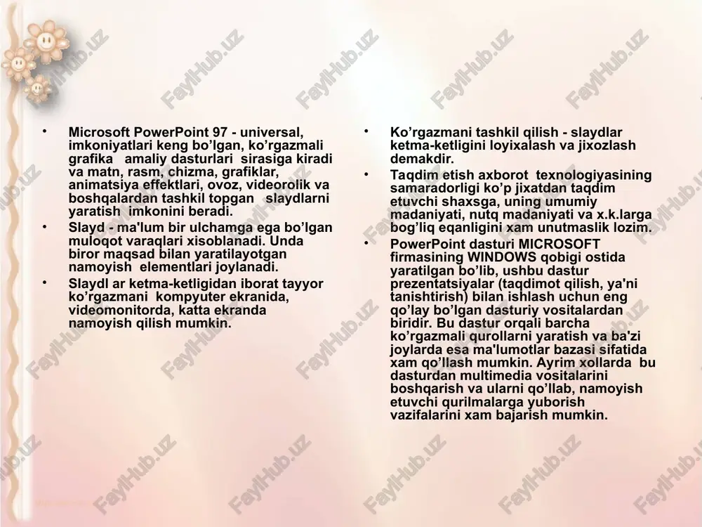 lari) - taqdimotni jixozlash turini tanlash va ularda ish olib borish imkonini beradi. "pusuyu prezentatsii'' (bo’sh taqdimotni) - mustaqil ravishda taqdimot to’zish imkonini beradi. "otkrit prezentatsiyu" (taqdimotlarni ochish) - kompyuter xotirasida va diskda mavjud bo’lgan ko’rgazmali fayllarni ochadi. xar bir foydalanuvchi dasturda ish olib borishi uchun yo’qoridagi bo’limlardan birini o’z maqsadiga ko’ra tanlab oladi. dastur ishini bo’sh taqdimotdan xam boshlash mumkin. buning uchun sichqoncha ko’rsatkichi "pustuyu prezentatsiyu" (bo’sh taqdimotni) bo’limiga olib kelinadi va "ok" tugmasi bosiladi. bunda quyidagi muloqot darchasi xosil bo’ladi bu erda ko’rsatilgan xar bir slaydni tanlab olish imkoniyati bor. buning uchun yunalish tugmalari yoki sichqonchadan foydalanish mumkin. muloqot darchasidan kerakli xolat, masalan: "pustoy slayd" (bo’sh slayd) ko’rinishi tanlanadi va "ok" tugmachasi bosiladi. microsoft power point yordamida amalga oshirilishi mumkin bo’lgan ishlar . bu amallar bajarilgandan sung powerpoint dasturining asosiy oynasi xosil bo’ladi (9.4-rasm). u sarlavxalar qatori, gorizontal menyu, uskunalar paneli ("standart", "bichimlash" va rasmlar bilan ishlash), rejim …