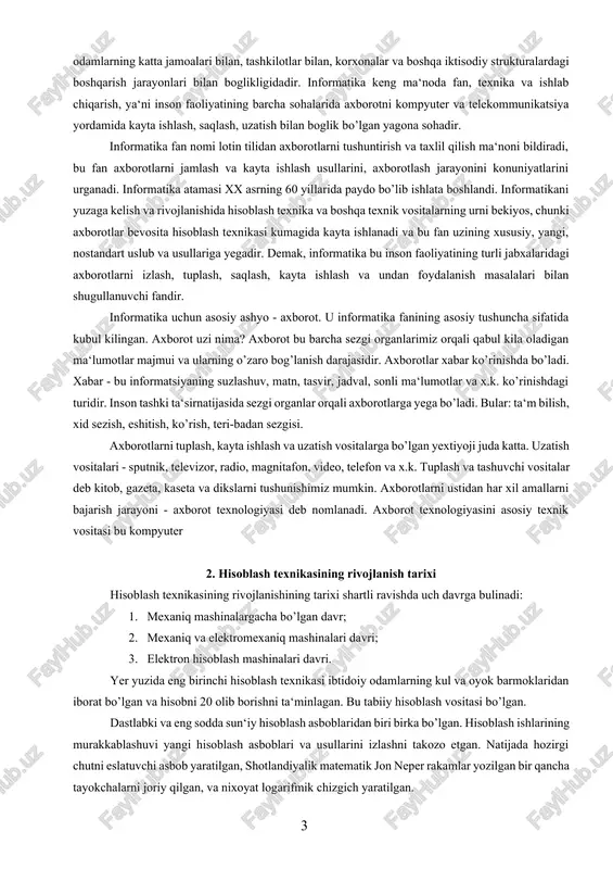 tin tilidan axborotlarni tushuntirish va taxlil qilish ma‘noni bildiradi, bu fan axborotlarni jamlash va kayta ishlash usullarini, axborotlash jarayonini konuniyatlarini urganadi. informatika atamasi xx asrning 60 yillarida paydo bo’lib ishlata boshlandi. informatikani yuzaga kelish va rivojlanishida hisoblash texnika va boshqa texnik vositalarning urni bekiyos, chunki axborotlar bevosita hisoblash texnikasi kumagida kayta ishlanadi va bu fan uzining xususiy, yangi, nostandart uslub va usullariga yegadir. demak, informatika bu inson faoliyatining turli jabxalaridagi axborotlarni izlash, tuplash, saqlash, kayta ishlash va undan foydalanish masalalari bilan shugullanuvchi fandir. informatika uchun asosiy ashyo - axborot. u informatika fanining asosiy tushuncha sifatida kubul kilingan. axborot uzi nima? axborot bu barcha sezgi organlarimiz orqali qabul kila oladigan ma‘lumotlar majmui va ularning o’zaro bog’lanish darajasidir. axborotlar xabar ko’rinishda bo’ladi. xabar - bu informatsiyaning suzlashuv, matn, tasvir, jadval, sonli ma‘lumotlar va x.k. ko’rinishdagi turidir. inson tashki ta‘sirnatijasida sezgi organlar orqali axborotlarga yega bo’ladi. bular: ta‘m bilish, xid sezish, eshitish, ko’rish, …