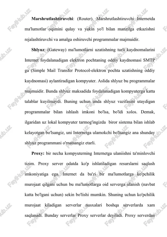 larini ko'rib chikaylik: http resursdan foydalanishda gipertekst (huperteht transfer protocol) protokoli ishlatilyapti. www. youthcenter. com ushbu ma'lumot joylashgan internet saxifa nomi index.html faylning kompyuterdagi tula nomi. ko'pchilik www saxifalar nomlanishi shu sxemaga mos keladi. e'tibor bergan bo'lsangiz, ba'zan http, ftp yoki gopher tipidagi resurslarga murojaat kilinganda, faylning tulik nomi bitta kiyshik chizik bilan tugallanadi. bu anik faylga emas, balki belgilangan katalog ostiga murojaat etilganda sodir bo'ladi. bu adresga murojaat kilinganda, kompyuter mazkur katalog va faylga mos standart indeksli faylni beradi. http ningstandart indeksli fayli odatda index.html (yoki index. htm)deb ataladi. shu bilan birga u yana home.html, homepage.html, welcome.html yoki deaulthtml deb atalishi mumkin.1997 yildan boshlab uzbekistonda internet provayderlar xizmat ko'rsata boshladi. xozirgi kunda uzbekistonda 40 dan ziyod internet provayderlar ishlamoqda. ba'zi provayderlarning nomi va saxifa manzilini kuyida keltiramiz. provayder: internetga bog'lanishni, uzatilgan elektron pochtani etkazishni va saqlashni ta‘minlaydi. bog'lanish uchun zarur narsalar bilan ta‘minlashi, sistemani sozlash bilan bog'liq to'liq ko'rsatmalar …