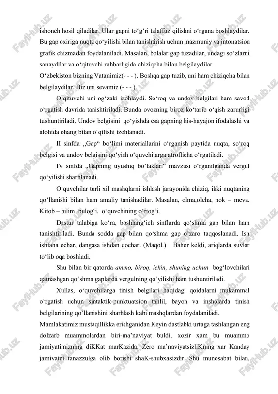 lgilari haqidagi qoidalarni mukammal o‘rgatish uchun sintaktik-punktuatsion tahlil, bayon va insholarda tinish belgilarining qo‘llanishini sharhlash kabi mashqlardan foydalaniladi. mamlakatimiz mustaqillikka erishganidan keyin dastlabki urtaga tashlangan eng dolzarb muammolardan biri-ma’naviyat buldi. xozir xam bu muammo jamiyatimizning dikkat markazida. zero ma’naviyatsizlikning xar kanday jamiyatni tanazzulga olib borishi shak-shubxasizdir. shu munosabat bilan, ma’naviyat uzi nima-yu, u kanday kelib chiqqan, degan masalaga tuxtalib utmoq urinli. bu masala esa bizni yana odamning paydo bulishi muammosiga murojaat etishimizni taqozo qiladi. tangri insonning jismini loydan – moddiy materialdan yaratgach, unga jon, rux ato etdi. endi inson rux va vujudning yaxlitligi sifatida fakat ruxdangina iborat farishtalardan ulugrok makomga ega buldi. ruxning vazifasi – vujudni boshqarish. demak, odamda moddiylikdan kura ruxiylik-ma’naviylik mantikan birlamchi. buni inson sezgilarining «moddiylik» va «ma’naviylik» nisbatida kurish mumkin. insondagi besh sezgidan fakat ikkitasi – biror moddiy narsaga tegib xis etish va biror narsaning ta’mini bilish orkali xis etishgina bevosita «moddiy sezish»ga taallukli. kolgan uch sezgi …