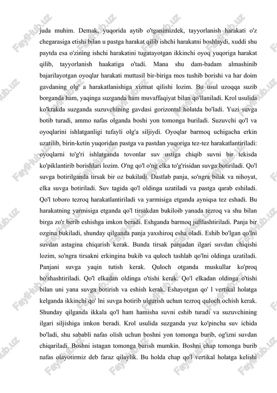 eshganda barmoq juftlashtiriladi. panja bir ozgina bukiladi, shunday qilganda panja yaxshiroq esha oladi. eshib bo'lgan qo'lni suvdan astagina chiqarish kerak. bunda tirsak panjadan ilgari suvdan chiqishi lozim, so'ngra tirsakni erkingina bukib va quloch tashlab qo'lni oldinga uzatiladi. panjani suvga yaqin tutish kerak. quloch otganda muskullar ko'proq bo'shashtiriladi. qo'l elkadan oldinga o'tishi kerak. qo'l elkadan oldinga o'tishi bilan uni yana suvga botirish va eshish kerak. eshayotgan qo' l vertikal holatga kelganda ikkinchi qo' lni suvga botirib ulgurish uchun tezroq quloch ochish kerak. shunday qilganda ikkala qo'l ham hamisha suvni eshib turadi va suzuvchining ilgari siljishiga imkon beradi. krol usulida suzganda yuz ko'pincha suv ichida bo'ladi, shu sababli nafas olish uchun boshni yon tomonga burib, og'izni suvdan chiqariladi. boshni istagan tomonga burish mumkin. boshni chap tomonga burib nafas olayotirmiz deb faraz qilaylik. bu holda chap qo'l vertikal holatga kelishi bilan bosh chapga buriladi, og'izni suvdan chiqarib nafas olinadi. so'ngra chap qo'l suvdan …