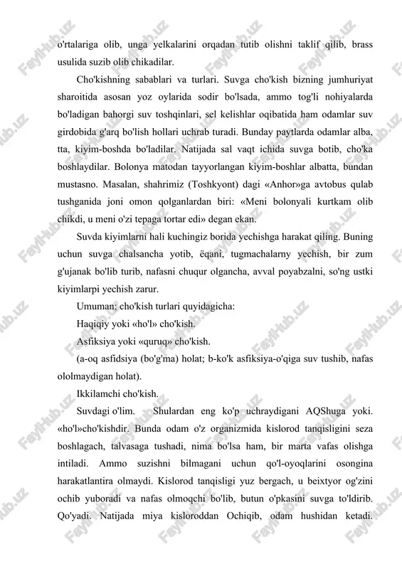 ), yurak urishi sekinla shadi va shunda yurak uryshning tuxtashidan oldin kuza tiladigan bradikardiya taxikardiyaga aylanadi va qon bosimi keskin pasaya boshlaydi. chuchuk suvga cho'kkan odam o'pkasining hajmi juda kattalashadi-yu, lekin alveolalarida sho'r suvda cho'kkan odamlarnikiga qaragaida suyuqlik-kamroq yigiladi. chunki unda osmotik bosim ko'proq bo'lgani uchun chuchuk suv alveolalardan qonga o'tib, qonning umumiy miqdorini oshiradi. shu onda yurak urishdan to'xtaydi. cho'kkan odamning rangi odatda ko'karib, klinik o'lim qolati 3-6 minut davom etadi. dengyz suvining tarkibida 4 foiz atrofida tuz bo'lib, qonga nisbatan ko'proq osmotik bosimga ega bo'ladi. shu tufayli tomirlardagi kon quyuqlashib, eritrositlar kamayadi, alveolalarga qo'p miqdorda suyuqlik yig'ilib, natijada o'pka yorilshpi ham mumkin. cho'kkan odamniig rangi oqarib, vena son tomirlari bo'rtmaydi. sho'r suvda (dengiz suvida) cho'kyan odamda klinik o'lim holati uzoqroq« (10-12 minut) davom etadi. «oqarib ketgan» odamlarni cho'kkanidan 10 minut o'tgan bo'lsa ham, tiriltirsa bo'ladi. haqiqiycho'kishodatda, suzinshibilmagankishilarda ro'y beradi. asfiksiya yoki «quruq» cho'kish hiqildoqning reflek-tor spazmi tufayli, suv …