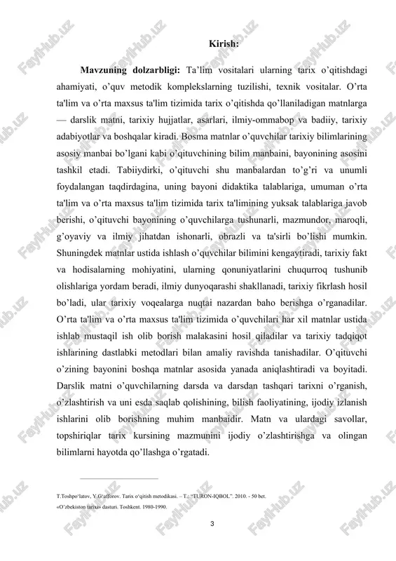 ’qitish va o’rganish sifatini kutarishga ukuvchilarning o’quv materialini qiziqib o’rganishga va puxta o’zlashtirishiga xizmat qiladi. kurs ishining vazifalari: tarix o’qitish tajribasiga ko’ra maktabda ta'limning quyidagi texnika vositalaridan foydalanilmoqda. har xil ko’rsatuv asboblari va qo’llanmalari ta'lim texnika vositalarining uchinchi guruhini tashkil etadi. ular epidiaskop, diapozitiv, diafilmlar va o’quv kinofilmlaridan iborat. kurs ishining o’rganish darajasi: tarix o’qitishda o’quvchilarning ko’z o’ngida o’tmishdagi ijtimoiy hayotning yaxshi manzaralarini shakllantirishda jonli va yorqin obrazlardan foydalanishning ahamiyati kattadir. shunga erishish kerakki, bayon qilingan har bir tarixiy dalil, geografik nom va shaxs faoliyati obrazli bo’lishi lozim. obrazlilik o’quvchilarni tarixdan oladigan bilimlarini ilmiy puxta bo’lishini zarur sharoitlaridan biri tarixiy voqealarni modernizatsiya qilishning oldini olish tarixga qiziqish uygotish hamda tarixiy dalillarni tahlil qilish va umumlashtirish uchun zarur bo’lgan shart – sharoitlarni yaratishning muhim vositasidir. tarixiy dalillarni tahlil qilishga bir namuna keltiramiz. kurs ishining amaliyotga tadbiqi: ushbu kurs ishidan umumiy o’rta ta’lim maktablarining tarix darslarida, akademik litseylarida va tarix to’garaklarining muayyan …