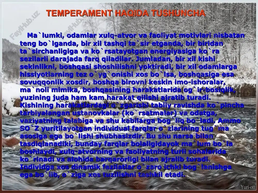 atchan, ifodali mimikasi va harakatlari bo`lgan kishi sangvinik deb ataladi. flegmatik yuragi keng, barqaror intilishlarga va kayfiyatlarga, doimiy va chuqur his-tuyg`ularga, harakatlari va nutqi bir xil maromda bo`lgan, ruhiy holati tashqi tomondan ifoda etilmaydigan kishi flegmatik deb ataladi. xolerik juda g`ayratli, ishga juda ehtiros bilan berilish qobiliyatiga ega bo`lgan, tez va shiddatli, qizg`in emosional "portlash" va kayfiyatning keskin o`zgarishlariga moyil, ildam harakatlar qiladigan kishi xolerik deb ataladi. melanxoliklar ta`sirchan, chuqur kechinmali, gap ko`tara olmaydigan, ammo atrofdagi voqealarga unchalik e`tibor bermaydigan, o`zini to`xtata oladigan harakatlar qiladigan va sekin ovoz chiqaradigan kishilar melanxoliklar deb ataladi. temperament va faoliyat uslubi. temperamentning har bir tipiga psixik xossalarning o`z nisbati, avvalo, har xil darajadagi faollik va emosionallik, shuningdek motorikaning u yoki bu xususiyatlari xosdir. dinamik ko`rinishlarning muayyan strukturasi temperament tipini belgilaydi. temperament va faoliyat uslubi. barcha odamlarni to`rtta tip bo`yicha taqsimlash mumkin emasligi tushunarli. temperamentlarning turli -tumanligi to`g`risidagi masala fanda hali batafsil hal qilingan emas, …
