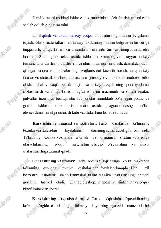 shining o’rganish darajasi: tarix o’qitishda o’quvchilarning ko’z o’ngida o’tmishdagi ijtimoiy hayotning yaxshi manzaralarini shakllantirishda jonli va yorqin obrazlardan foydalanishning ahamiyati kattadir. shunga erishish kerakki, bayon qilingan har bir tarixiy dalil, geografik nom va shaxs faoliyati obrazli bo’lishi lozim. obrazlilik o’quvchilarni tarixdan oladigan bilimlarini ilmiy puxta bo’lishini zarur sharoitlaridan biri tarixiy voqealarni modernizatsiya qilishning oldini olish tarixga qiziqish uygotish hamda tarixiy dalillarni tahlil qilish va umumlashtirish uchun zarur bo’lgan shart – sharoitlarni yaratishning muhim vositasidir. tarixiy dalillarni tahlil qilishga bir namuna keltiramiz. kurs ishining amaliyotga tadbiqi: ushbu kurs ishidan umumiy o’rta ta’lim maktablarining tarix darslarida, akademik litseylarida va tarix to’garaklarining muayyan mashg’ulotlarda foydalanish. kurs ishining tuzilishi. tarix darslariga qo’yilgan ilmiy-metodik va didaktik talablar mavzusida ushbu kurs ishi kirish, 2 bob, 4 paragraf, xulosa, glosarriy hamda foydalanilgan adabiyotlar ro’yxatidan iborat. i.bob. tarix darslarini tashkil etishni insonparvarlashtirish 1.1. ta'lim vositalari – tarix bilimlari manbai. o’rta ta'lim va o’rta maxsus ta'lim tizimida tajribasida darslik …