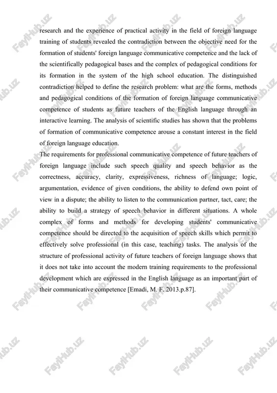mplex of forms and methods for developing students' communicative competence should be directed to the acquisition of speech skills which permit to effectively solve professional (in this case, teaching) tasks. the analysis of the structure of professional activity of future teachers of foreign language shows that it does not take into account the modern training requirements to the professional development which are expressed in the english language as an important part of their communicative competence [emadi, m. f. 2013.p.87]. chapter i. interactive learning technologies teaching foreign language communication in the context of dialogue of cultures implies the creation of didactic methodological conditions for the comparative humanist^ oriented study of foreign languages and native cultures while forming the integrative communicative skills of intercultural communication, whereas the international scientific-practical conference on the topic of "problems and perspectives of modern technology in teaching foreign languages" methodical dominant is the orientation on the formation …