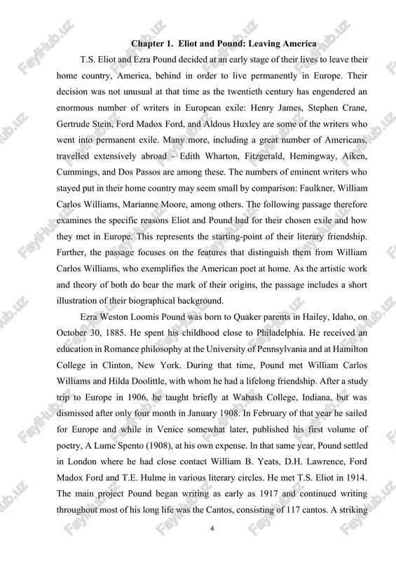 es on the features that distinguish them from william carlos williams, who exemplifies the american poet at home. as the artistic work and theory of both do bear the mark of their origins, the passage includes a short illustration of their biographical background. ezra weston loomis pound was born to quaker parents in hailey, idaho, on october 30, 1885. he spent his childhood close to philadelphia. he received an education in romance philosophy at the university of pennsylvania and at hamilton college in clinton, new york. during that time, pound met william carlos williams and hilda doolittle, with whom he had a lifelong friendship. after a study trip to europe in 1906, he taught briefly at wabash college, indiana, but was dismissed after only four month in january 1908. in february of that year he sailed for europe and while in venice somewhat later, published his first volume of poetry, …