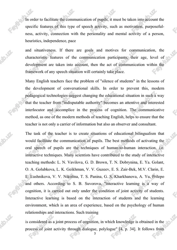 lant, o. a. golubkova, l. k. geikhman, v. v. guzeev, e. s. zair-bek, m.v. clarin, e. e. lushnikova, v. v. nikolina, t. s. panina, g. s. kharkhanova, a. yu. prilepo and others. according to s. b. suvorova, "interactive learning is a way of cognition, it is carried out only under the condition of joint activity of students. interactive learning is based on the interaction of students and the learning environment, which is an area of experience, based on the psychology of human relationships and interactions. such training is considered as a joint process of cognition, in which knowledge is obtained in the process of joint activity through dialogue, polylogue" [4, p. 34]. it follows from this that these methods involve the interaction of the subjects of the educational process at the level of "peer-to-peer", where the teacher and the class participant are part of the same team, they work to …