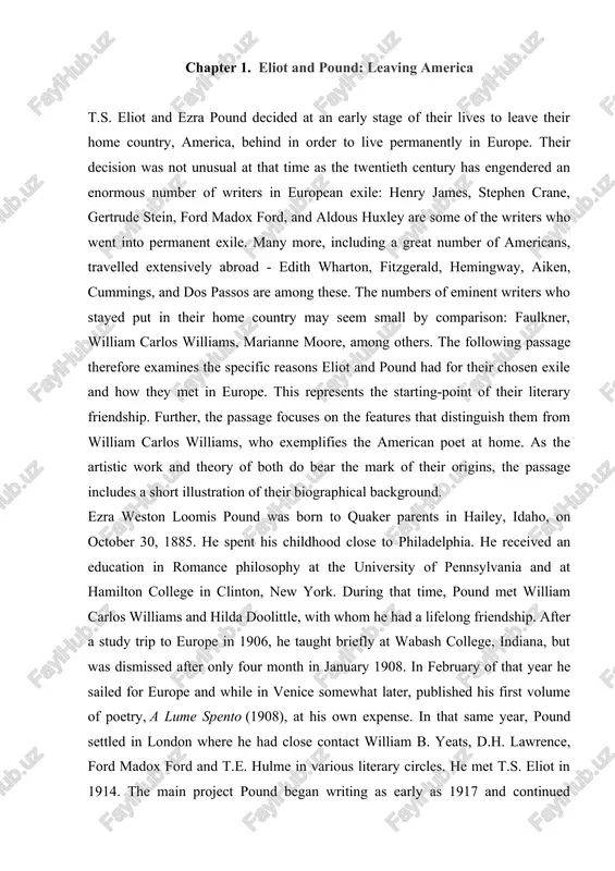 includes a short illustration of their biographical background. ezra weston loomis pound was born to quaker parents in hailey, idaho, on october 30, 1885. he spent his childhood close to philadelphia. he received an education in romance philosophy at the university of pennsylvania and at hamilton college in clinton, new york. during that time, pound met william carlos williams and hilda doolittle, with whom he had a lifelong friendship. after a study trip to europe in 1906, he taught briefly at wabash college, indiana, but was dismissed after only four month in january 1908. in february of that year he sailed for europe and while in venice somewhat later, published his first volume of poetry, a lume spento (1908), at his own expense. in that same year, pound settled in london where he had close contact william b. yeats, d.h. lawrence, ford madox ford and t.e. hulme in various literary …