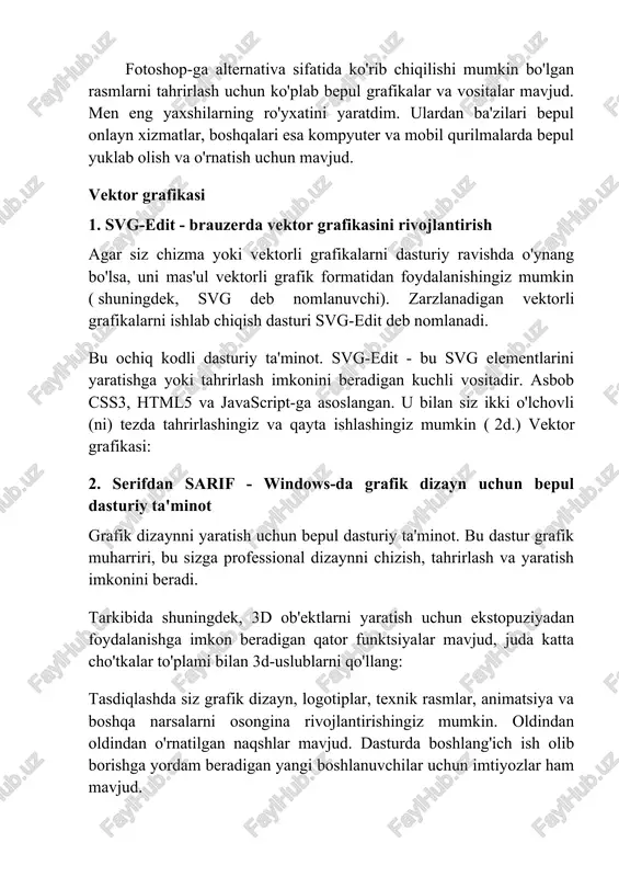 ti: 8. mening bo'yog'im - windows va gnu / linux-da ochiq manbali grafik dizaynni yaratish uchun ariza imziya menejmenti muammolariga emas, balki ijodkorlikka e'tibor qaratish imkonini beradigan grafik dizayn dasturi: bu windows va linux-linux uchun ishlatiladigan grafik dizaynni ishlab chiqish uchun bu tez va oson foydalanadigan ochiq manbali dastur. rasmni tahrirlash vositalarlari (piksel grafikasi) 9. bo'yoq - windows-dagi bepul rasm tahrirlash dasturi bo'yoq - bu o'rnatilgan bo'yoq grafik muharririga juda yaxshi alternativa. bu asosiy va qo'shimcha funktsiyalar to'plamiga ega bo'lgan rasmni tahrirlash vositasi. kuchli xususiyatlar tufayli ushbu muharrir ko'pincha adobe photoshop, corel poyt do'koni pro, microsoft fotosurat muharriri va gimp kabi raqamli fotosurat tahrirlash paketlari bilan taqqoslanadi. 10. linux, windows va mac os ostida tasvirni qayta ishlash uchun gnu gnu gnu rasmlar, ishlov berish, rasm tarkibini yaratish va boshqalarning keng qo'llaniladigan kompyuter uchun yana bir kuchli grafikalar dasturi. bu fotoshop alternativasi sifatida keng tarqalgan grafik dizaynni ishlab chiqish uchun ochiq …