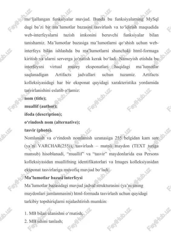 l_list_fields sintaksisi mysql_list_fields (database_name qatori, table_name qatori) mysql_field_name funksiyasi so‘rov amalga oshirilishi natijasida olingan maydon nomini qaytaradi. mysql_field_len funksiyasi maydon uzunligini qaytaradi. mysql_field_type funksiyasi maydon tipini qaytaradi, mysql_field_flags funksiyasi esa probel bilan yozilgan maydon bayroqlari ro‘yxatini qaytaradi. maydon tiplari int, real, string, blob va h. bo‘lishi mumkin. bayroqlar not_null, primary_key, unique_key, blob, auto_increment va h. bo‘lishi mumkin. bu barcha buyruqlar sintaksisi bir xil: mysql_field_name (result qatori, butun field_offset) resursi; mysql_field_type (result qatori, butun field_offset) resursi; mysql_field_flags (result qatori, butun field_offset) resursi; mysql_field_len ( result qatori, butun field_offset) bu erda result – bu so‘rov natijasi identifikatori (masalan, mysql_list_fields yoki mysql_query funksiyalar bilan jo‘natilgan so‘rov), field_offset esa – natijadagi maydonning tartib raqami. mysql_num_rows(result resursi) buyrug‘i result ning ko‘pgina natijalari qatorlari miqdorini qaytaradi. misol: artifacts (eksponatlar kolleksiyasi) jadvali maydonlari ro‘yxatini olish. maydon nomi: ". $name_f; echo " maydon turi: ". $type; echo " maydon uzunligi: ". $len; echo " maydon bayroqlari qatori: " …