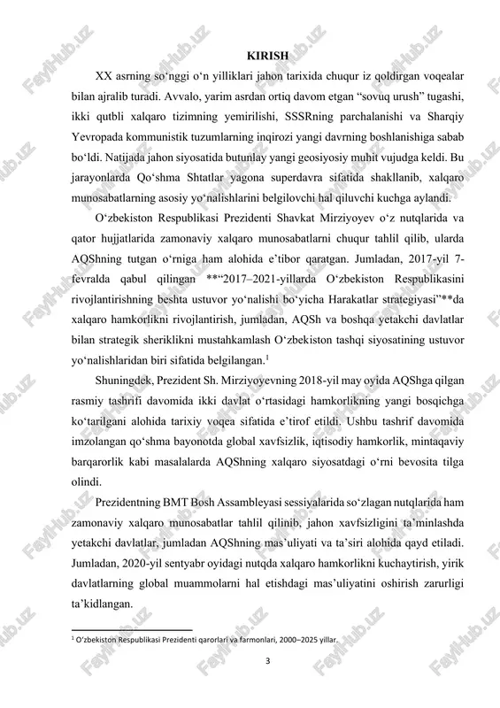 chaydi.2 mazkur davrda yana bir muhim omil – xitoyning tez sur’atlar bilan iqtisodiy yuksalishi va rossiyaning qayta tiklanishi bo‘ldi. natijada xalqaro munosabatlarda yangi kuch markazlari shakllana boshladi. shu bois xxi asr boshlarida aqshning global yetakchilik mavqei jiddiy sinovlarga duch keldi. shunga qaramay, u o‘zining iqtisodiy, harbiy va siyosiy qudrati bilan jahon siyosatida bosh rolni ijro etib kelmoqda. shunday qilib, xx asr oxiri va xxi asr boshlarida aqshning xalqaro munosabatlardagi o‘rni masalasi nafaqat tarixiy, balki siyosiy-ilmiy nuqtayi nazardan ham dolzarbdir. bu mavzuni o‘rganish orqali biz jahon siyosatidagi hozirgi jarayonlarni chuqurroq anglashimiz, global kuchlar muvozanatini tahlil qilishimiz va xalqaro xavfsizlikka oid xulosalar chiqarishimiz mumkin. kurs ishining dolzarbligi. xx asr oxiri va xxi asr boshlarida jahon siyosati keskin o‘zgarishlarga boy bo‘ldi. “sovuq urush” yakunlanishi, ikki qutbli tizimning 2 aqsh prezidenti qarorlari va farmonlari, 2001–2010 yillar. 5 yemirilishi hamda yangi kuch markazlarining shakllanishi xalqaro munosabatlarda tub burilish yasadi. bu jarayonda qo‘shma shtatlar yagona superdavra …