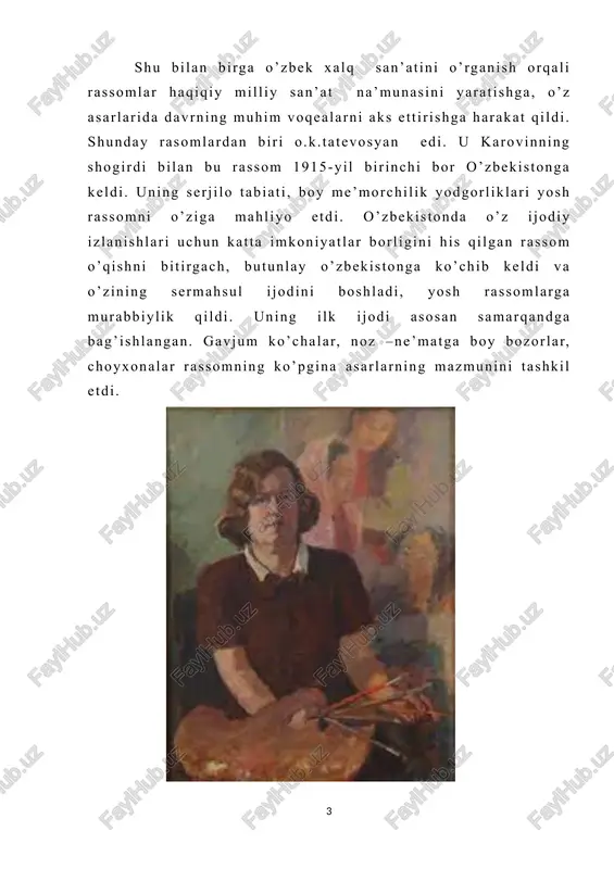 . 1928 yilda bosh san'at xizmat safari bo'yicha birinchi marta o'zbekistonga tashrif buyurdi. samarqand (1930 yildan), toshkentda (1932 yildan) yashagan. o'zbekiston respublikasi hayotini aks ettiruvchi mavzuga oid rasmlar yaratdi: ot poygasi (1928), paxta topshirish (1930), sir-darya orqali o'tish, kolxozdagi ayollar katta kuch (1936), farhod quruvchi (1939), ozod qilingan yerda (1942), daf bilan qiz (1945), zvenoning muvaffaqiyati (1948), tushlik tanaffusi (1949), kolxozdagi hosil (1953; z. inogamov bilan birgalikda), stepa zovet (1954), shchedye yoz, italiya humsanda (ikkalasi ham) 1957), bokira yerda (1960), klub kuni (1961), bog'larga yo'l (1965). nizomiy va a. navoiy she'rlari asosida rasmlar ijro etdi. natyurmortlar muallifi: "kechki deraza" (1937), "ayçiçek" (1939), "meva", "armut" (ikkalasi ham 1946), "qora gilos" (1948), "bahor gullari" (1958), "keramika", "gladioli" (ikkalasi ham 1963). bir qator portretlarni bajargan. akvarel va tempera texnikalarida ko'p ishlagan; o'zbekistonning o'ziga xos turlari va turmush tarzini aks ettiruvchi ko'plab janrli eskizlar muallifi. asarlar rang kombinatsiyalarining ifodasi, yorqinligi bilan ajralib turadi. buyuk …