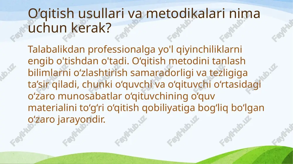 juda samarali. seminar- o'tgan materialni mustahkamlash maqsadida ma'lum bir mavzu bo'yicha ma'ruzalar kursidan so'ng amalga oshiriladi. ikki tomonlama muloqot va muhokama mavjud. zamonaviy o'qitish usullari ta'lim sohasi jadal rivojlanmoqda, innovatsiyalarga bo'lgan ehtiyojni zamonning o'zi taqozo etmoqda. o'qitishning innovatsion usullari xx asrning 60-yillaridan boshlab o'qitish jarayonlariga kiritila boshlandi. zamonaviy innovatsion usullarni 2 turga bo'lish odatiy holdir: taqlid (taqlid qilish - sun'iy modellashtirilgan muhit yaratishga qaratilgan) va taqlid qilmaslik. simulyatsiya o'qitish usullari: rolli o'yinlar; didaktik o'yinlar (jismoniy, psixologik, intellektual); tadqiqot loyihalari; ishbilarmonlik o'yinlari (atribuarlardan foydalangan holda kasbga o'yin kiritish). simulyatsiya bo'lmagan o'qitish usullari: ko'p o'lchovli matritsalar usuli (muammolarni morfologik tahlil qilish, etishmayotgan elementlarni qidirish); asosiy savollar usuli; murabbiylik; konsalting; tematik muhokamalar. treningda nazorat va o'z-o'zini nazorat qilish usullari o'rganish - bu talabalar tomonidan o'rganilgan materialni va qanchalik chuqurligini aniqlash uchun nazoratni talab qiladigan jarayon. agar bilimlarni o'zlashtirish past bo'lsa, o'qituvchilar o'qitish usullari va usullarini tahlil qiladilar va qayta ko'rib chiqadilar. o'quv jarayonini …