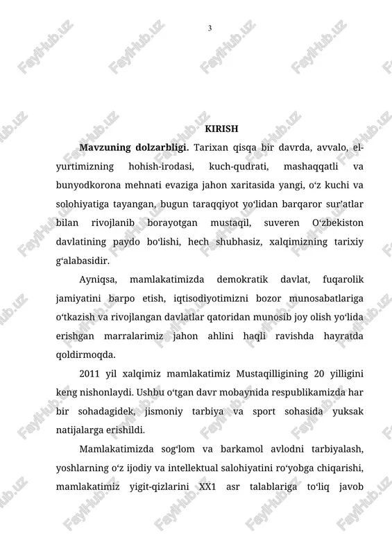 yatni rivojlantirish yo‘lida amalga oshirilayotgan islohotlar o‘zbekistonimiz nufuzini ko‘klarga ko‘tardi, salohiyatini yanada oshirdi. birgina sport tizimida davlatimizning ilk qonunlaridan biri “jismoniy tarbiya va sport to‘g‘risida”gi, dastlabki ta’sis etilgan mukofotlardan biri “sog‘lom avlod uchun” ordeni ekanligi hukumatimizning yoshlarimizni ma’nan yetuk va jismonan barkamol avlodlar qilib voyaga yetkazishdagi sa’y-harakatlari samarasidir. endilikda, yuqori natijalar ko‘rsatib, o‘zbekistonimiz nomini ulug‘layotgan sportchilarimiz bilan bir qatorda, sportchi qizlarimiz ham munosib taqdirlanishmoqda. ular “o‘zbekiston iftixori” degan yuksak nomga sazovor bo‘lishayapti. mustaqilligimiz sharofati bilan sportchi xotin-qizlarimiz chet ellarga tez-tez borib kelishayapti. bularning negizida o‘zbekistonda xotin-qizlar jismoniy tarbiyasi va sportining rivojlanishiga ulkan shart-sharoitlar yaratilganligi masalasi diqqat markazda turibdi. zero, o‘tgan yillarning “oila yili”, “ayollar yili”, “sog‘lom avlod yili”, “ona va bola yili”, “sihat-salomatlik yili”, “yoshlar yili”, “barkamol avlod yili” deb atalishining zamirida ham o‘zbekistonda xotin-qizlar sportiga katta e’tibor berilishida ulkan ma’no va mazmun mujassam. 2011 yil 25 fevral kuni oqsaroyda o‘zbekiston bolalar sportini rivojlantirish jamg‘armasi homiylik kengashining navbatdagi yig‘ilishida ham …