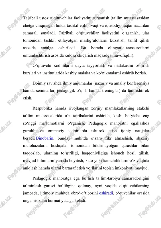 rivojlantirish dasturi” loyihasi doirasida respublika hududlarida masofadan o‘qitishning “ta’lim-resurs” markazlari tashkil etilgan. ushbu faoliyat natijasida yosh o‘qituvchilarning xorijiy mamlakatlarda kasbiy malakalarini oshirish imkoniyati tug‘ildi. maktablarga yosh o‘qituvchilarni jalb etish va ularga har tomonlama amaliy yordam berish, ta’lim-tarbiya jarayoniga ilg‘or va zamonaviy texnologiyalarni joriy etishga ko‘maklashish maqsadida 2009 yildan boshlab “respublika yosh o‘qituvchilar assotsiatsiyasi” o‘z faoliyatini boshladi. mustaqillikka erishgach, prezidentimiz i.a. karimov tashabbusi bilan 1 oktyabr – o‘qituvchi va murabbiylar kuni umumxalq bayrami sifatida keng nishonlanadi. mamlakatimizda an’anaviy ravishda “yilning eng yaxshi pedagogi” respublika ko‘rik-tanlovi o‘tkazilib kelinmoqda. umumta’lim maktablarida faoliyat ko‘rsatayotgan pedagog xodimlar orasidan ilg‘or va tashabbuskor o‘qituvchilar aniqlanib rag‘batlantirilishi, yosh o‘qituvchilarda o‘z kasbiga nisbatan hurmat va ehtirom uyg‘otadi. 2006 yildan boshlab esa, “yilning eng yaxshi fan o‘qituvchisi” ko‘rik tanlovi o‘tkazilib kelinmoqda. “yil maktabi” – respublika ko‘rik-tanlovi o‘qituvchilarga jamoa asosida ta’lim muassasasida qo‘lga kiritilayotgan yutuqlarni targ‘ib etish uchun sharoit yaratmoqda. shuningdek, mustaqillik yillarida respublika xalq ta’limi tizimidagi 3425 nafar o‘qituvchi va …