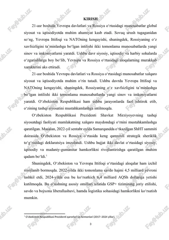 nosabatlarning sabablarini, natijalarini va kelajakdagi istiqbollarini tahlil qilish nuqtai nazaridan juda dolzarb hisoblanadi. kurs ishining maqsadi. kurs ishining asosiy maqsadi — 21-asr boshida yevropa davlatlari va rossiya o‘rtasidagi siyosiy, iqtisodiy va harbiy munosabatlarni chuqur tahlil qilish, ularning rivojlanish omillarini aniqlash va kelajakdagi istiqbollarini baholashdan iborat. shu maqsadga erishish uchun quyidagi vazifalar belgilangan: · sovuq urushdan keyingi davrdagi yevropa-rossiya munosabatlarini o‘rganish; · siyosiy va harbiy jarayonlarni tahlil qilish, jumladan, ukraina inqirozi va nato bilan aloqalarni o‘rganish; · iqtisodiy, energetika va savdo sohasidagi hamkorlik va uning muammolarini aniqlash; · munosabatlarning kelajakdagi istiqbollarini va xavfsizlik tahdidlarini baholash. kurs ishining vazifalari: kurs ishining asosiy maqsadiga erishish uchun quyidagi vazifalar belgilangan: · sovuq urushdan keyingi davrda yevropa davlatlari va rossiya o‘rtasidagi siyosiy va iqtisodiy munosabatlarni o‘rganish; · ukraina inqirozi va 2022-yil voqealarining ikki tomonlama munosabatlarga ta’sirini tahlil qilish; · energetika, savdo va investitsiyalar sohasidagi aloqalarni o‘rganish va ularning rivojlanish xususiyatlarini aniqlash; · nato va boshqa …