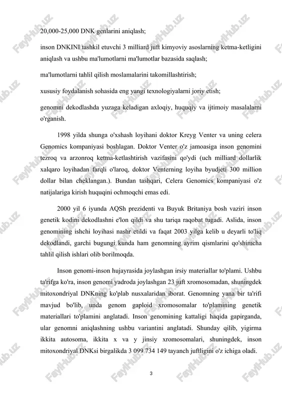 romosomalar to'plamining genetik materiallari to'plamini anglatadi. inson genomining kattaligi haqida gapirganda, ular genomni aniqlashning ushbu variantini anglatadi. shunday qilib, yigirma ikkita autosoma, ikkita x va y jinsiy xromosomalari, shuningdek, inson mitoxondriyal dnksi birgalikda 3 099 734 149 tayanch juftligini o'z ichiga oladi. keyin olimlarning ongi g'ayrioddiy imkoniyatlardan hayajonlandi: genetik darajada ishlaydigan yangi dorilar, ya'ni har bir kishining genetik xususiyatiga to'liq moslashtirilgan "shaxsiy tibbiyot" ni yaratish uzoq emas. albatta, genetik jihatdan qaram bo'lgan jamiyat yaratilishi mumkin degan xavotirlar mavjud edi, unda odamlar dnk bo'yicha yuqori va quyi sinflarga bo'linadi va shunga mos ravishda ularning imkoniyatlarini cheklaydi. ammo shunga qaramay, ushbu loyiha internet kabi foydali bo'lishiga umid bor edi. va to'satdan hamma narsa tinchlandi... umidlar amalga oshmadi... 3 milliard dollar kabi tuyuldi. ushbu tashabbusga sarmoya kiritganlar shamolga tashlanadi. yo'q, unchalik emas. ehtimol, olingan natijalar loyihaning paydo bo'lishi davrida taxmin qilinganidek ulug'vor emas, ammo ular kelajakda biologiya va tibbiyotning turli sohalarida sezilarli yutuqlarga …