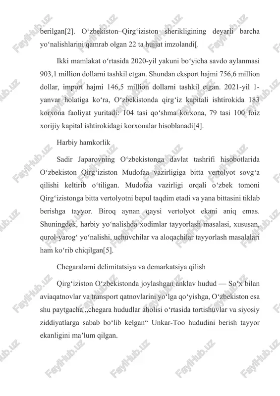 jon) suv ombori hududida 900 gorizontal ostidan 312-raqamli chegara nuqtasidan 312/3-raqamli chegara nuqtasigacha oʻtishi toʻgʻrisida kelishib olgan. kelishuv natijalariga koʻra, ayrim shartlar bajarilsa, toʻgʻon oʻzbekiston hududida qolishi belgilangan. demarkasiya jarayonida oʻzbekiston andijon viloyatining oʻsh viloyati uzgen tumani va jalol-obod viloyatining soʻzak tumanlari bilan chegaradosh hududdagi 304- va 312-raqamli chegara nuqtalari oraligʻidagi 1000 gektar yerni tovon sifatida qirgʻizistonga topshiradi. shu munosabat bilan tomonlar oʻzbekiston va qirgʻiziston suv xoʻjaligi tashkilotlariga kampir-obod suv omborining suv resurslaridan birgalikda foydalanish va boshqarish boʻyicha hukumatlararo kelishuv loyihasini ishlab chiqish topshirigʻini bergan. shuningdek, tomonlar shahrixonsoy kanalining hududlarini (chap tomoni), 312 va 312/3 chegara nuqtalari hududidagi andijon suv ombori toʻgʻonini, kanaldan toʻgʻon oʻrtasigacha, oʻzbekistonga 50 gektar yerni qoldirib, xatlovdan oʻtkazishga kelishib olgan o’zbekiston bilan qirg’iziston chegaradosh davlatlar. azaldan ikki xalqni boy do’stona qadriyatlar bog’lab turadi. tili va dini bir, tarixi, urf-odat va anoanalari, madaniyati mushtarak qardosh xalqlar bir ariqdan suv ichadi. qirg’i-zistonda o’zbeklar, o’zbekistonda qirg’izlar totuvlikda umrguzaronlik qilmoqda, …