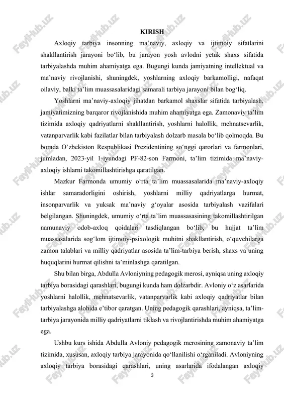 evarlik va vatanparvarlik kabi qadriyatlar bilan tarbiyalashga katta e’tibor qaratgan. uning pedagogik qarashlari bugungi kunda ham yoshlarni ma’naviy yetuk shaxs sifatida tarbiyalashda samarali qo‘llanilishi mumkin. shu bilan birga, avloniy merosidan foydalanish nafaqat maktab va oliy ta’lim muassasalarida, balki oilada, madaniyat va ijtimoiy hayotda ham axloqiy qadriyatlarni mustahkamlashga xizmat qiladi. shu bois, “axloqiy tarbiya jarayonida a. avloniy merosidan foydalanish” mavzusi zamonaviy ta’lim va tarbiya tizimi uchun juda dolzarb hisoblanadi. kurs ishining maqsadi. abdulla avloniy pedagogik merosini zamonaviy axloqiy tarbiya jarayonida qo‘llash imkoniyatlarini o‘rganish va yosh avlodni ma’naviy yetuk shaxs sifatida tarbiyalashda uning qarashlarining ahamiyatini aniqlashdir. maqsadga erishish orqali quyidagi vazifalar amalga oshiriladi. abdulla avloniy hayoti va pedagogik faoliyatini o‘rganish. uning pedagogik va axloqiy qarashlarini tahlil qilish. avloniy merosini zamonaviy ta’lim va tarbiya jarayoniga tatbiq etish yo‘llarini aniqlash. bu ish yoshlarni axloqiy qadriyatlar bilan tarbiyalashda tarixiy pedagogik merosdan foydalanishning ahamiyatini yoritishga xizmat qiladi. kurs ishining vazifalari. ushbu kurs ishida quyidagi vazifalar bajariladi. …